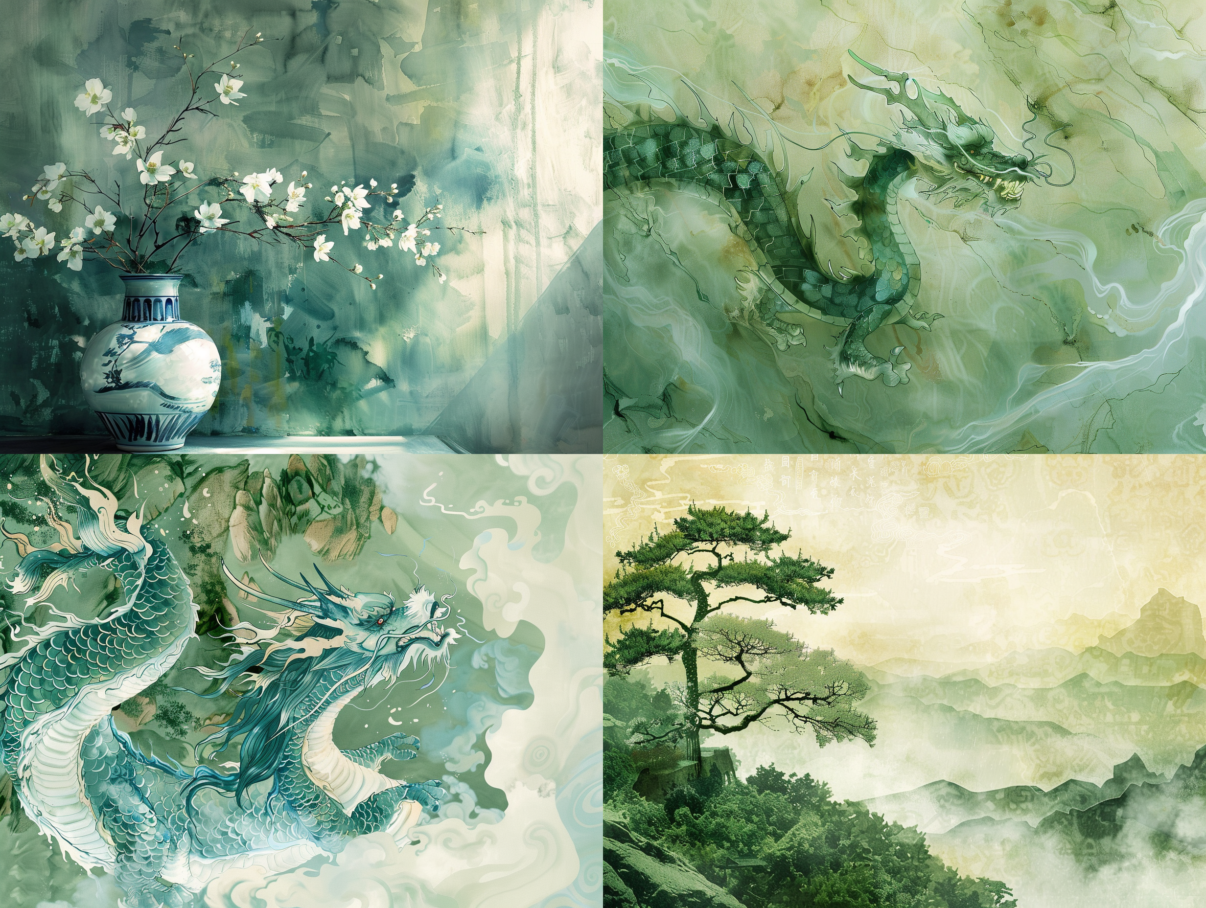 beastie style, long shot perspective, natural green background, porcelain-like surface, bright lighting, chinese cyber elements, traditional ink wash painting brushstrokes, delicate textures, contrast between warm and cool tones, high saturation colors, serene atmosphere.