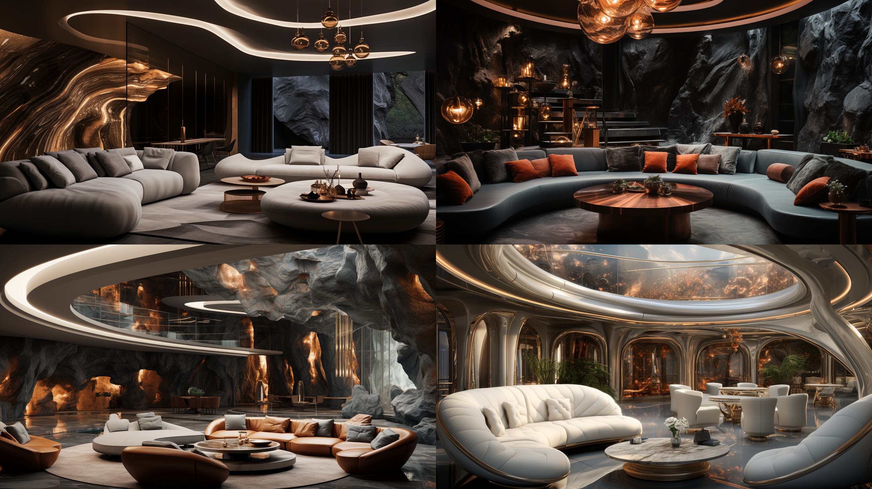 十平方米室内封闭包房，现代风格，设计感沙发，大屏幕，金属感茶几，香槟，dj，美食，豪华主题，流感线条，溶洞，大理石地面，浅色调，神秘未来感，明亮柔和，丰富细节，美学，体积照明，两点透视，广角，慢快门，高清画质，cr 3dmax渲染。