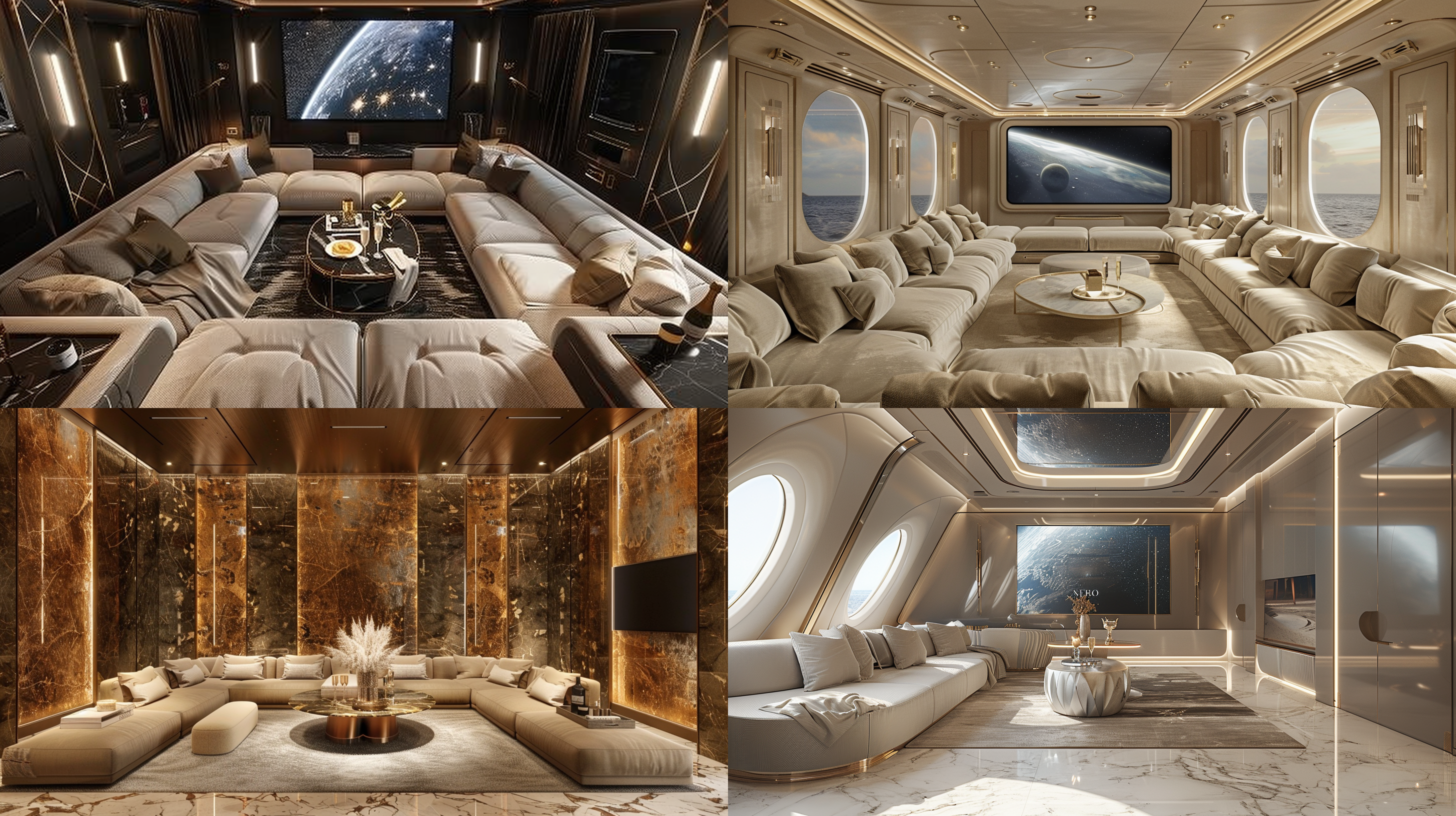 室内封闭包房狭小空间，墙面造型对称，设计感u形沙发茶几大屏幕，大理石地面，香槟，星际穿越，整体造型夸张设计感，神秘未来感，画面明亮柔和，氛围感，体积照明，一点透视，正打广角，cr 3dmax渲染，细节