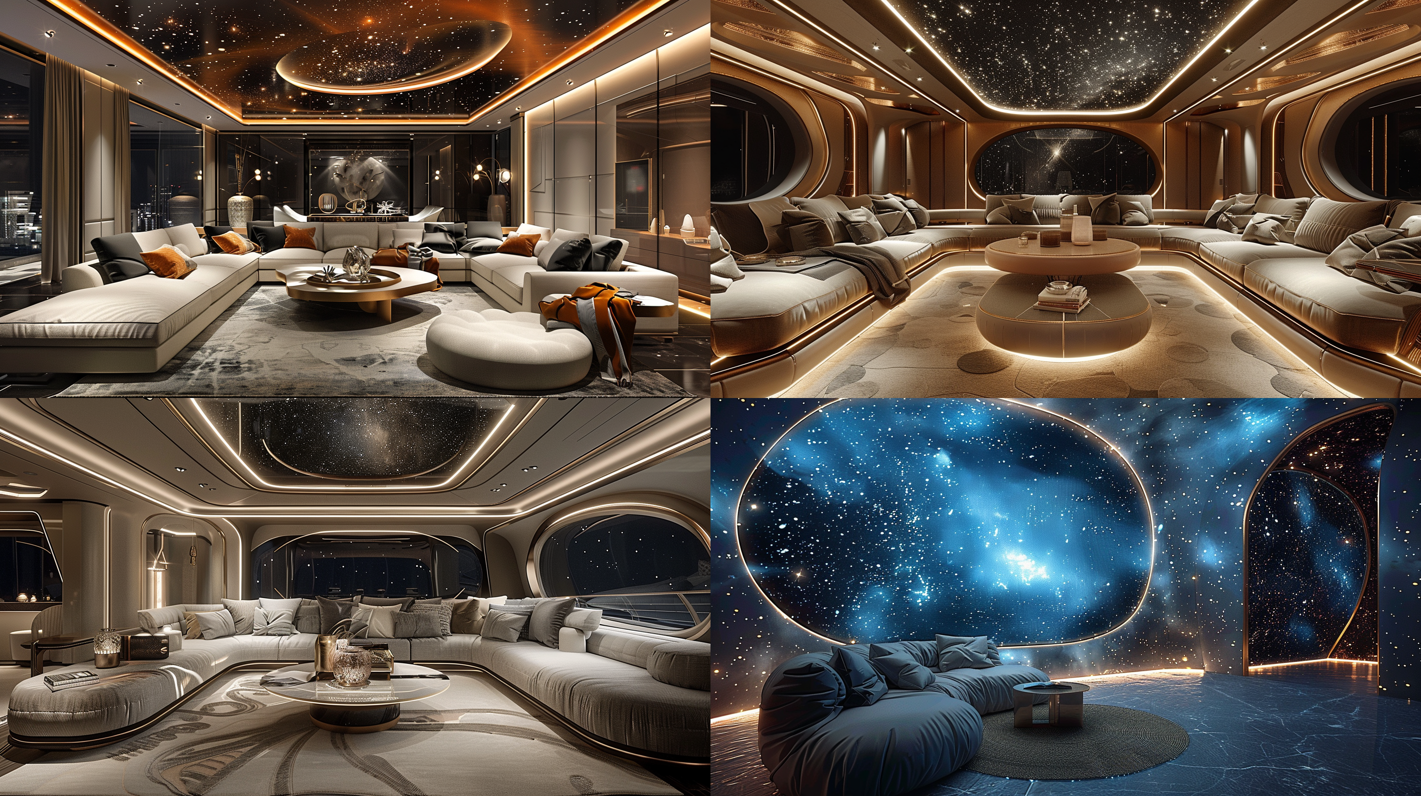私人奢华封闭包房，舒适设计感沙发，茶几，吊顶墙面流线型造型，神秘感，微微星光点缀，冷色调，奢华，完美视角，细节，广角，超写实，cr渲染，柔和光线，低调奢华，静谧氛围，高质感材料，精致装饰。