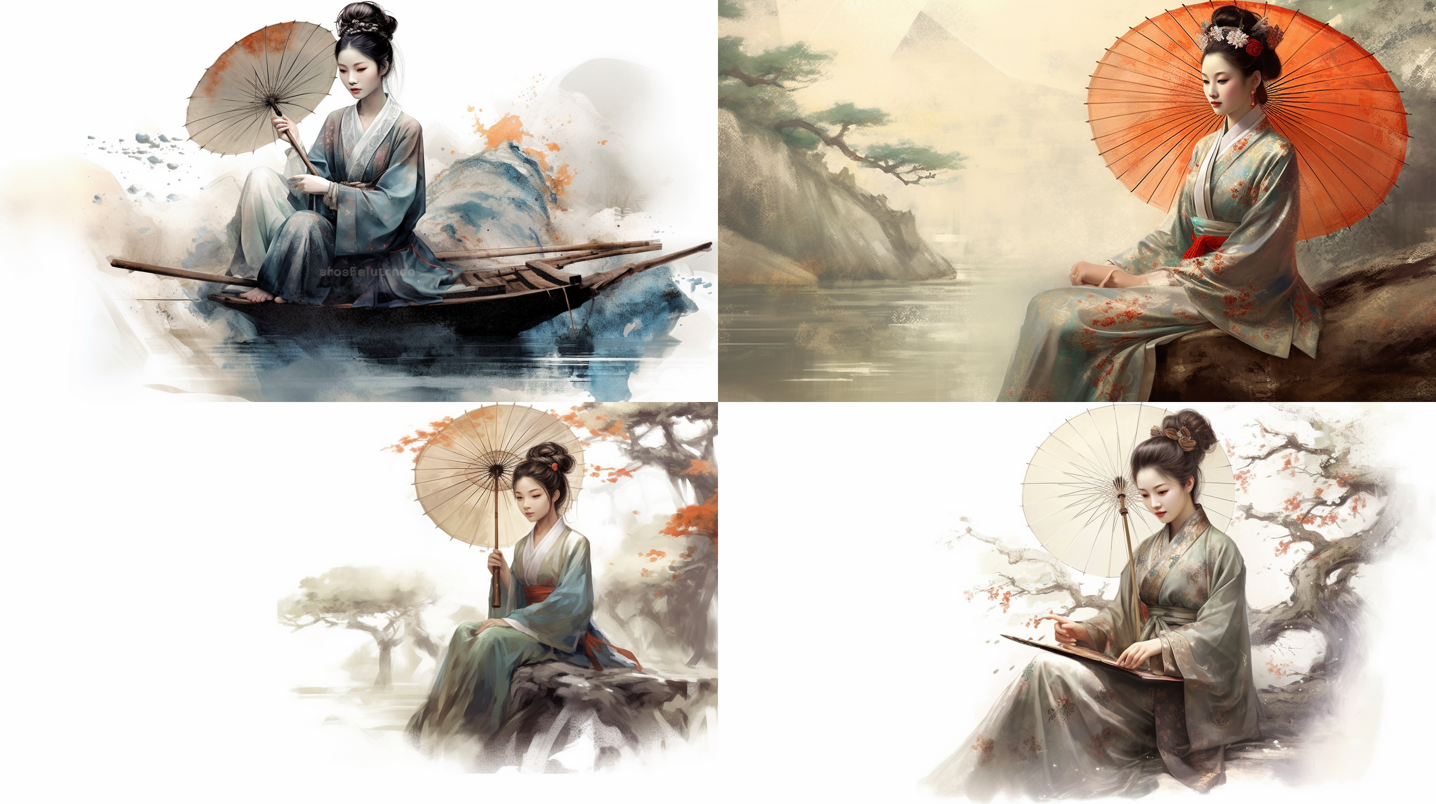 宫廷仕女坐乌篷船头打伞，线条人像，中国画风格，娟本淡彩，高画质，优雅姿态，柔和表情，背景留白，细节丰富，静谧氛围，传统服饰，细致描绘，古典美。