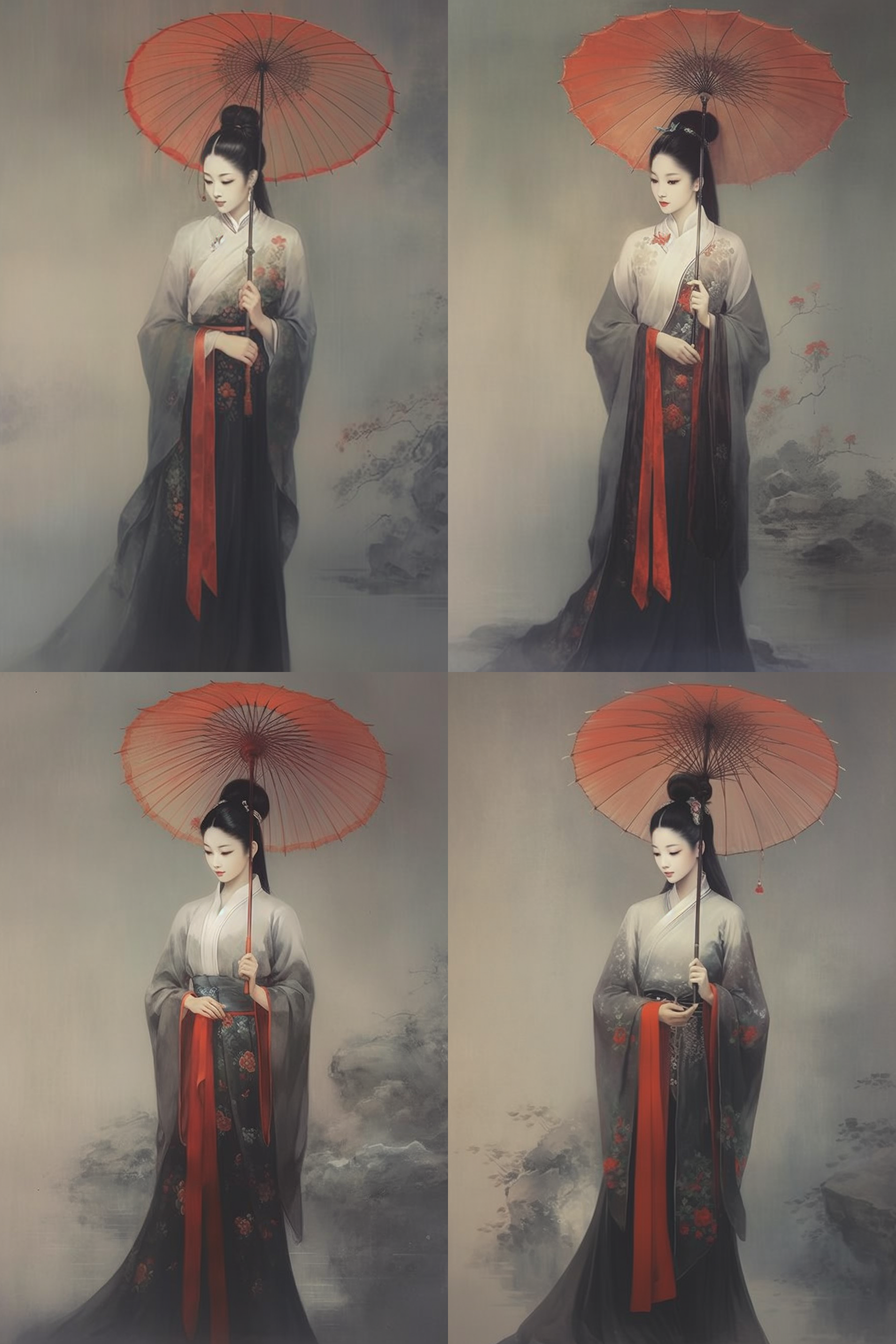 宫廷仕女坐姿打伞，线条人像，中国画风格，娟本淡彩，高画质，优雅姿态，柔和表情，背景留白，细节丰富，静谧氛围，传统服饰，细致描绘，古典美。