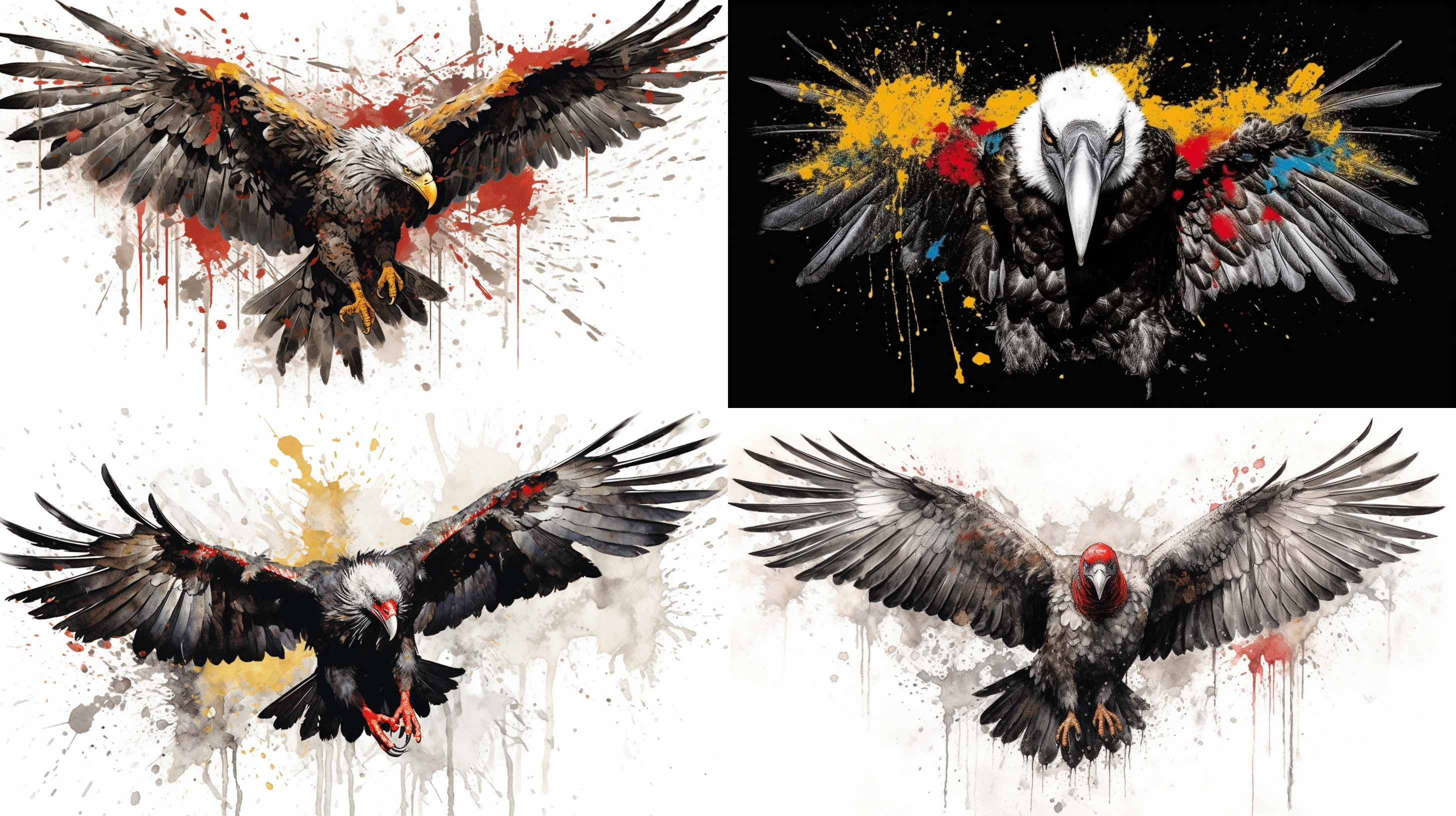 秃鹫正面飞来，泼墨写意中国画，对称构图，黑白灰红兰黄，气势大，层次分明，高画质，背景留白，古朴美，柔和光线，雄壮姿态。