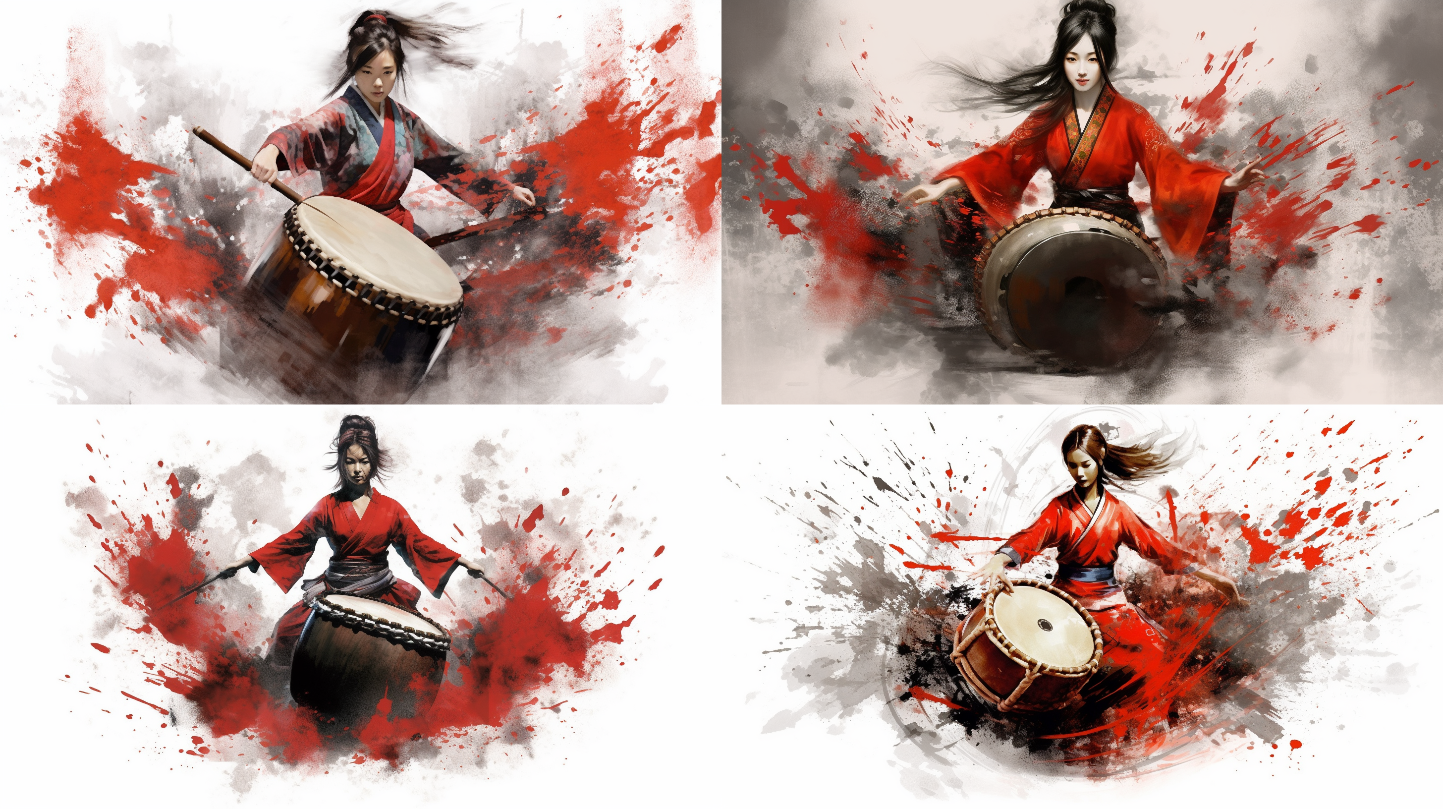 中国大鼓红衣女孩击鼓，泼墨写意中国画，对称构图，黑白灰，气势大，层次分明，高画质，背景留白，古朴美，柔和光线，雄壮姿态，动态捕捉，传统服饰，专注表情。