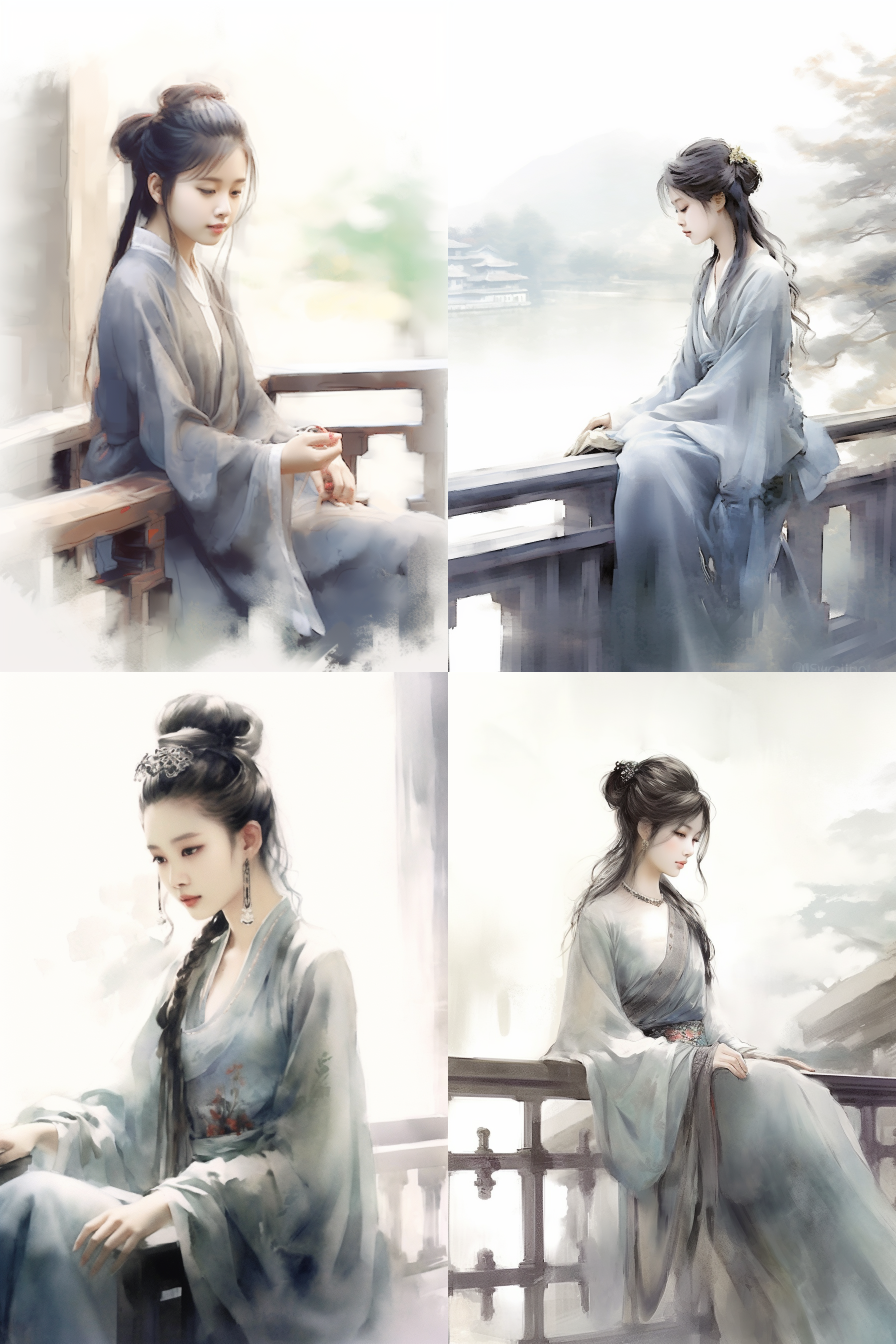 宫廷仕女坐倚靠栏杆远望，线条人像，中国画风格，娟本淡彩，高画质，优雅姿态，柔和表情，背景留白，细节丰富，静谧氛围，传统服饰，细致描绘，古典美。