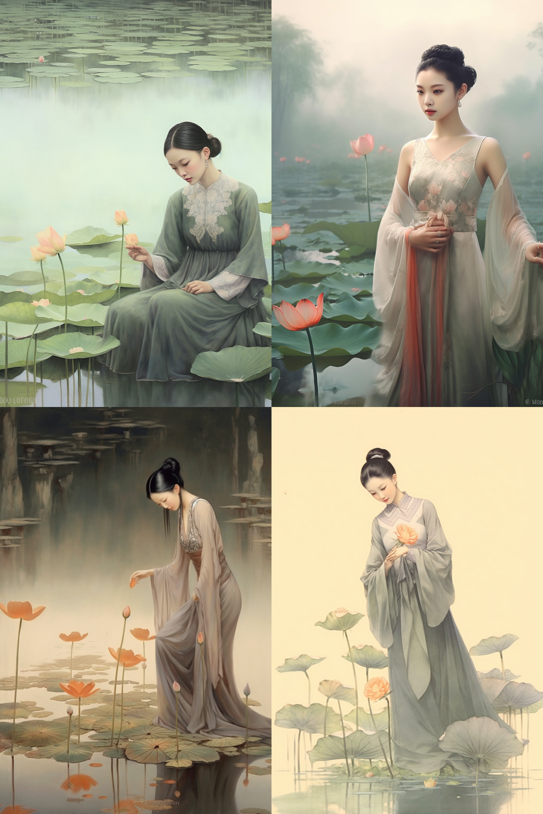宫廷仕女荷花池中采荷花，线条人像，中国画风格，娟本淡彩，高画质，优雅姿态，柔和表情，背景留白，细节丰富，静谧氛围，传统服饰，细致描绘，古典美。