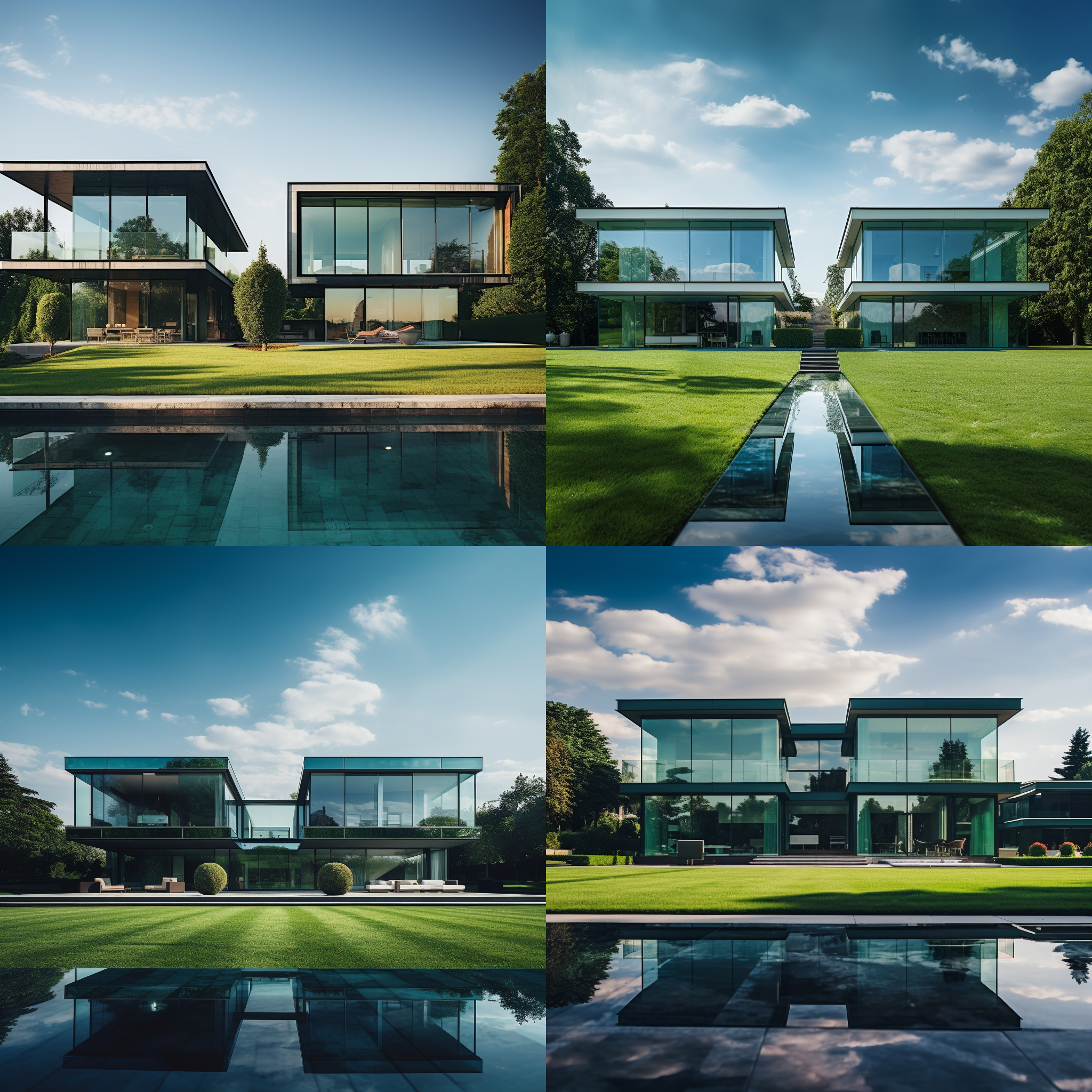 洋房对称排列，加长林肯，绿茵与建筑玻璃幕墙对比鲜明，城市景观，现代繁华，大型全景，天空，电影质感，长焦镜头，低角度，自然光，细节丰富，色彩饱和，静谧。