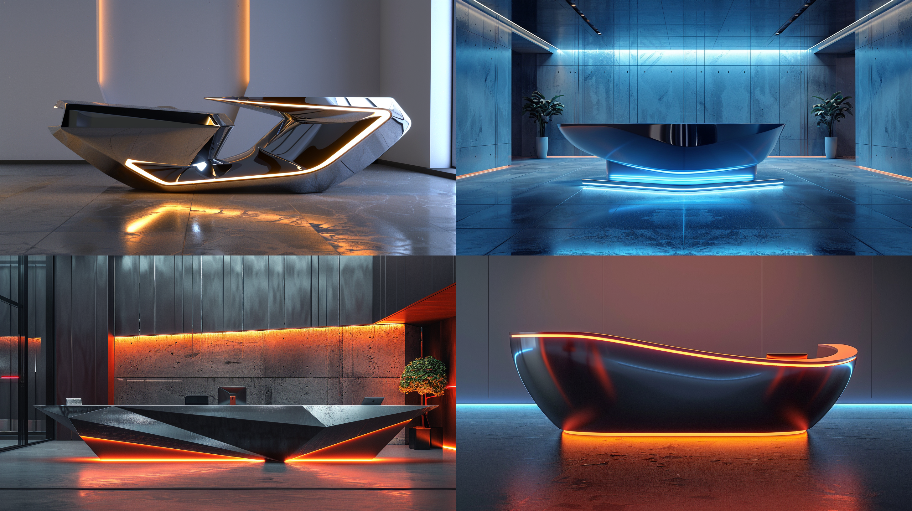 单体接待前台，金属材质，赛博朋克风格，未来科技感，写实风格，冷色调，高光反射，硬阴影，长焦镜头，室内环境，现代设计，冷静表情，专业姿态。