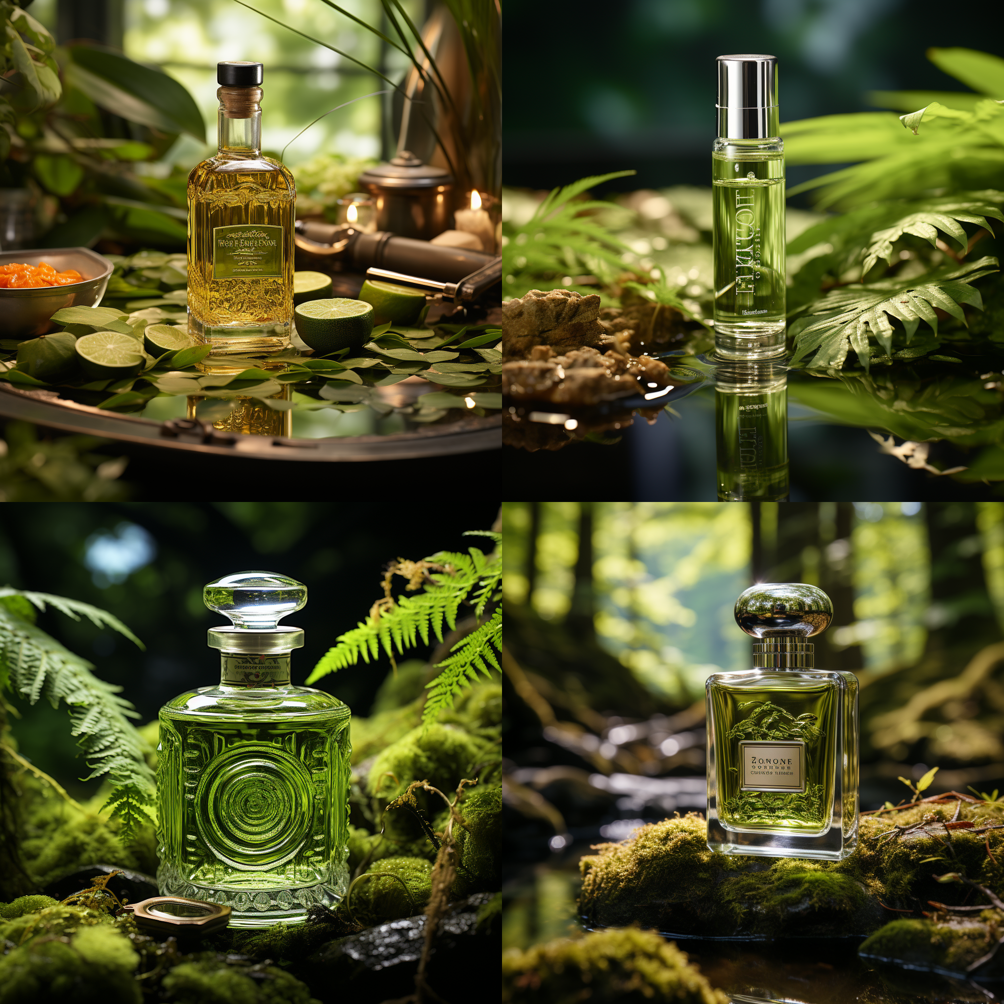 product photography, there is a brown glass bottle on the water surface of a fern plant covered in moss. ginseng, hawthorn, and reflections are placed on the water surface of the fern plant. the background is a green wall with a circular window. outside the window, there are high mountains and clouds, which are naturally bright and brightly lit. the central composition features epic details, high precision, ultra-high definition, and ultimate detail texture
