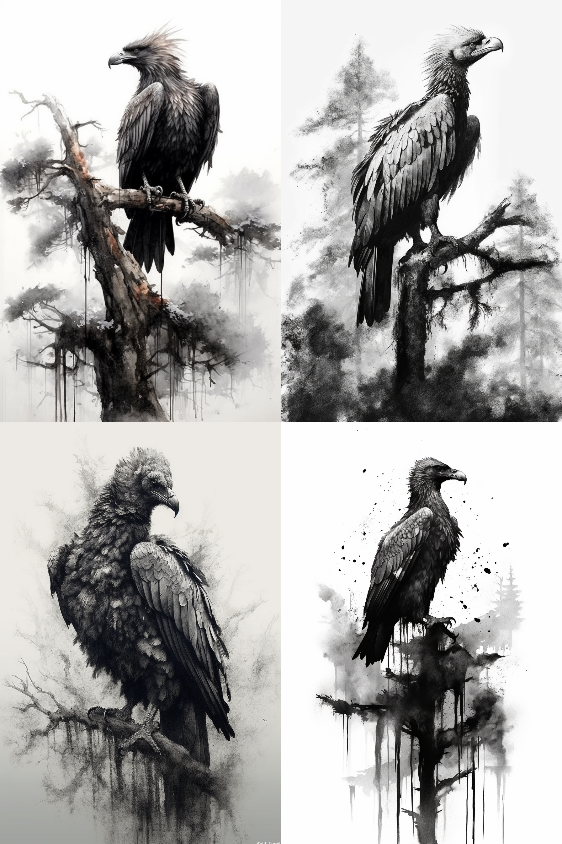 秃鹫站立松针点缀，泼墨写意中国画，黑白灰调，气势大，层次分明，高画质，背景留白，古朴美，柔和光线，雄壮姿态。