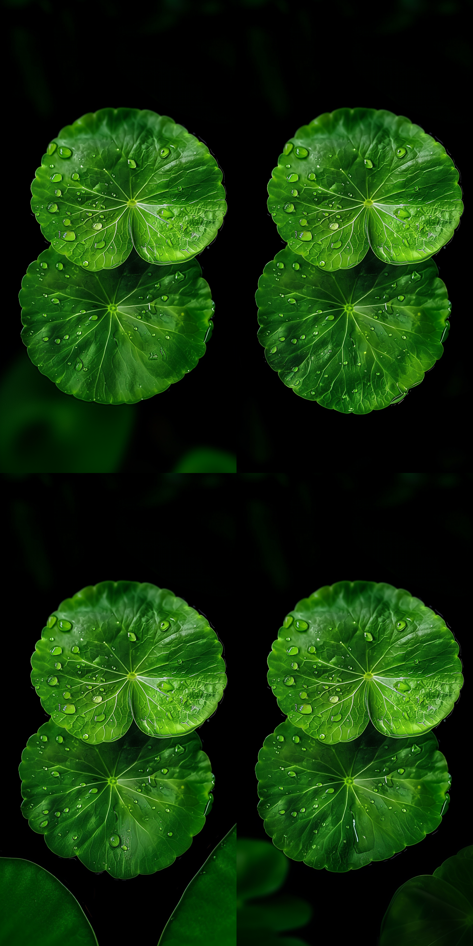 深绿色调，两片积雪草叶子，叶脉减少一半，叶面光滑油亮，水珠，简洁唯美，黄金分割布局，纹理清晰，自然光，微距镜头，清晨，静谧，清新。