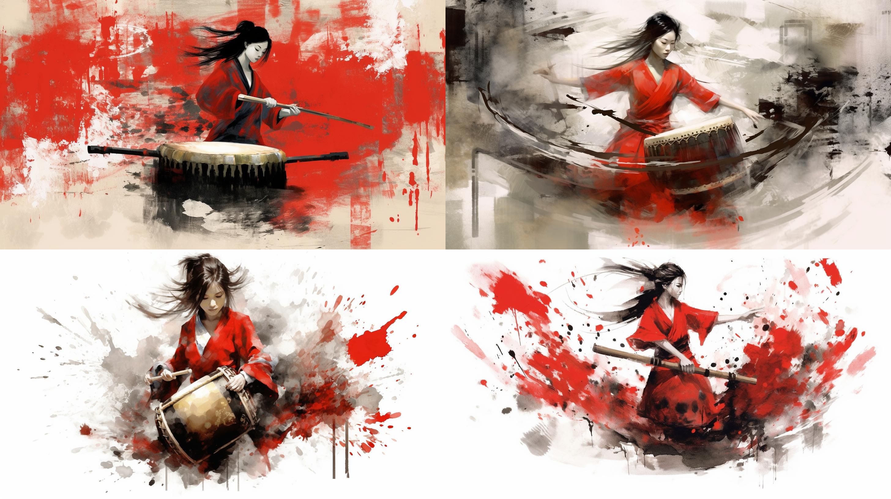 红衣女孩手击中国鼓，裙摆衣袖飘逸，泼墨写意中国画风格，黑白灰色调，气势磅礴，奔放动感，层次分明，高画质，背景留白，古朴美感，雄壮姿态，动态捕捉，侧光照明，广角镜头，快速快门，高对比度。
