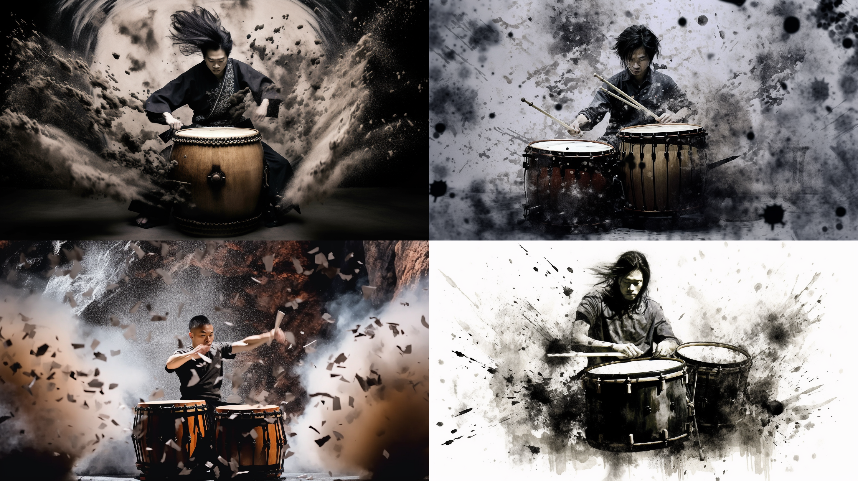中国鼓男子击鼓，泼墨写意，黑白灰，气势磅礴，奔放，层次分明，高画质，背景留白，古朴美，雄壮姿态，长焦镜头，逆光，动态捕捉，专注表情。
