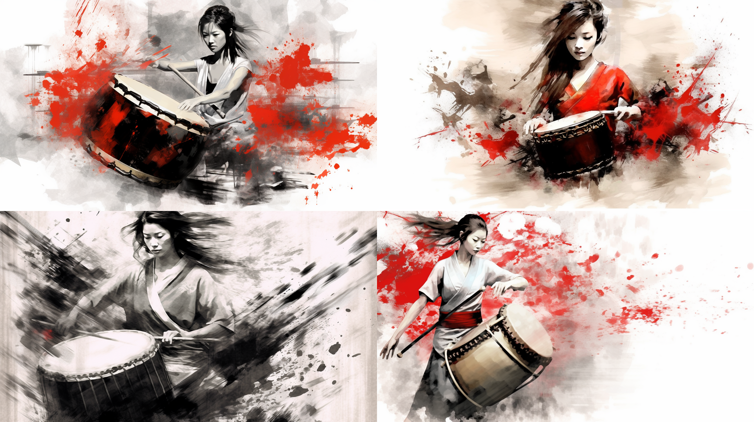 中国腰鼓，红衣女子击鼓，泼墨写意中国画风格，黑白灰色调，静态画面，层次分明，高画质，背景留白，古朴美，雄壮姿态，长焦镜头，侧光，动态模糊，专注表情。