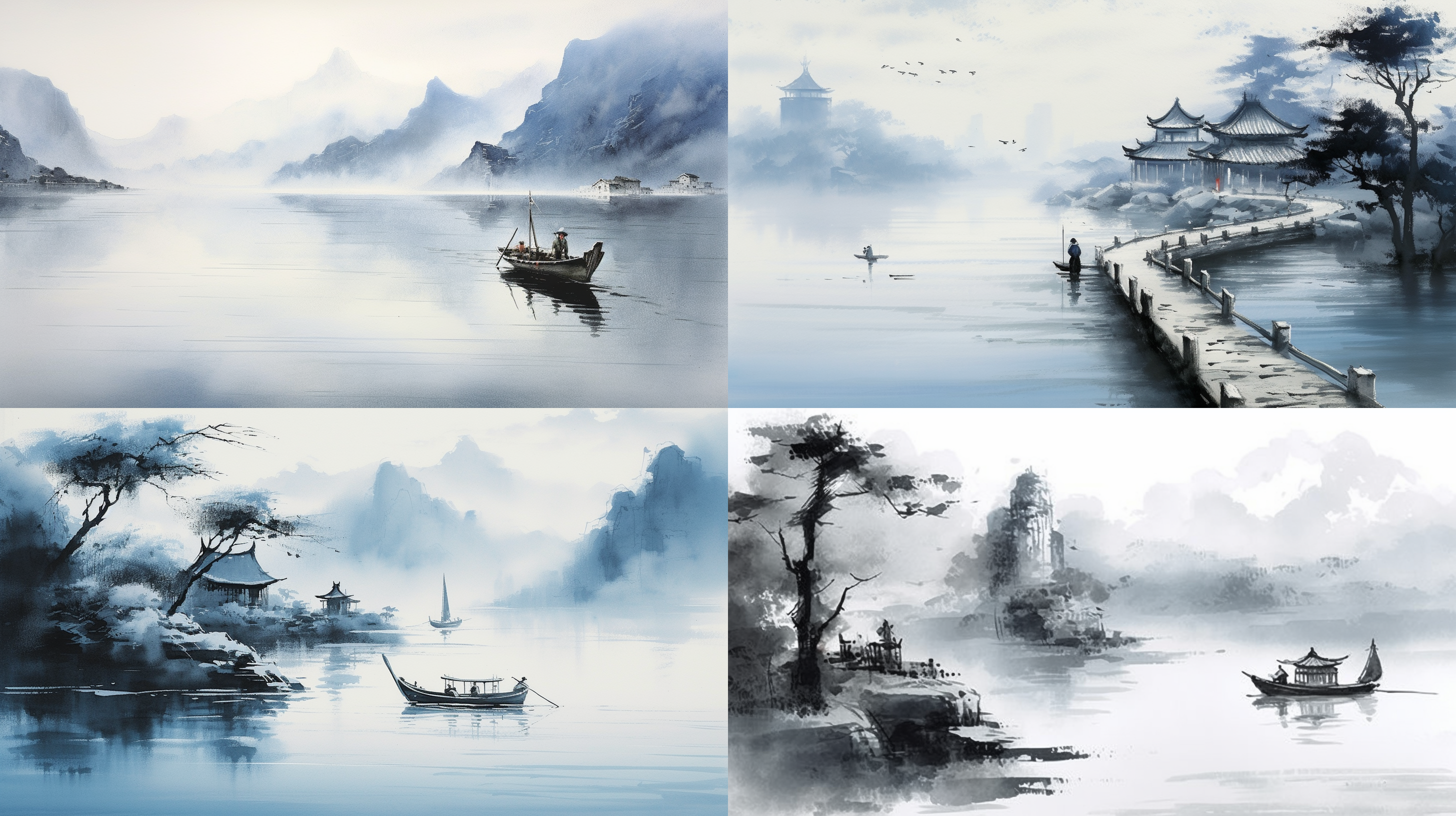 写意山水，云雾缭绕，湖边小路，石阶，水面开阔，小舟，中国水墨画，泼墨，黑白灰，蓝色淡彩，层次丰富，高画质，背景留白，细节丰富，静谧氛围，细致描绘，古朴美。