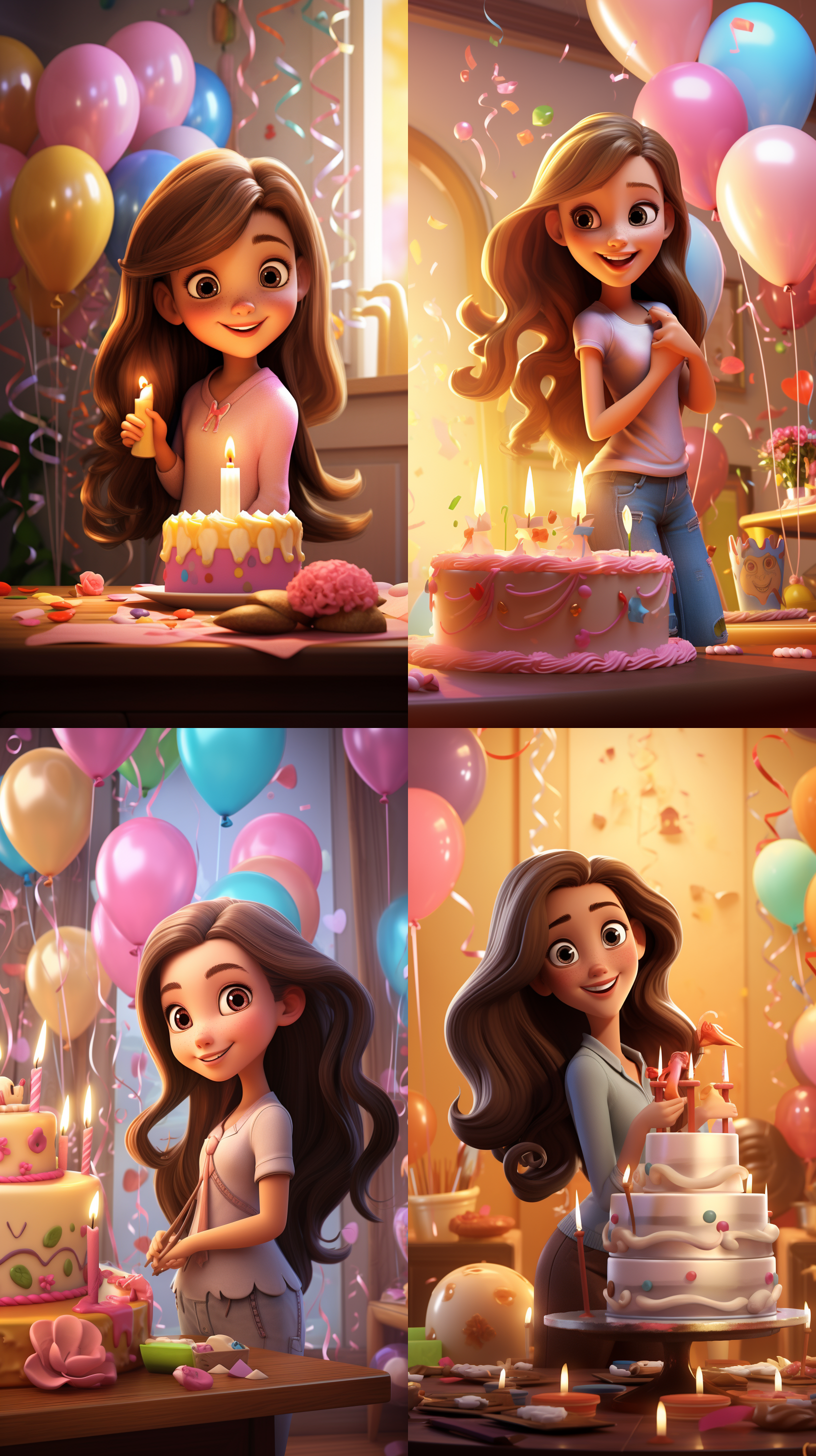 3d卡通女孩，长发鹅蛋脸，精致面容，端蛋糕，生日场景，气球鲜花，温馨氛围，柔和光线，广角镜头，鲜艳色彩，欢乐表情。