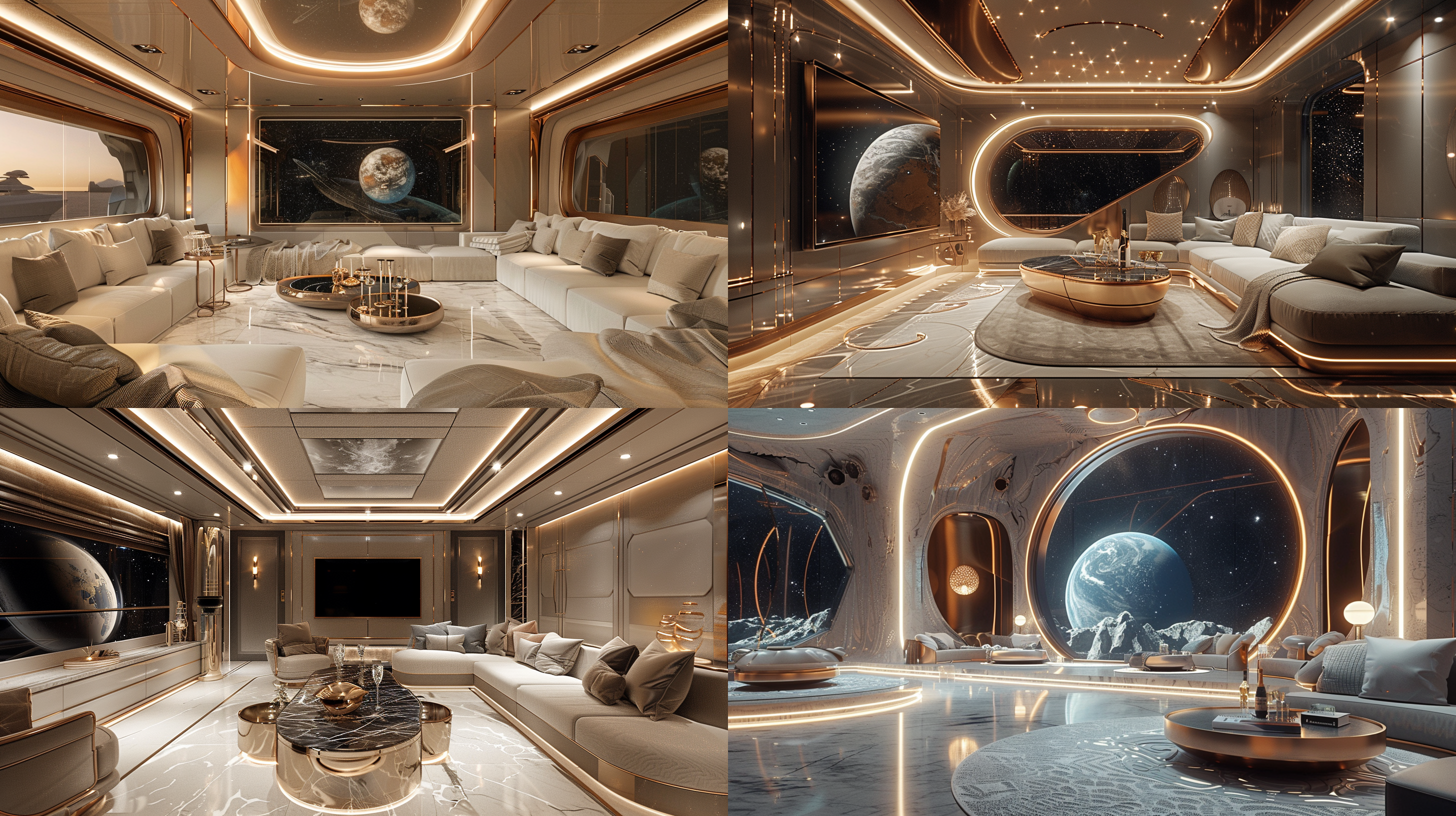 室内封闭包房挑空小空间，墙面造型对称，设计感沙发，大屏幕，金属感茶几，香槟，轻奢豪华主题，星际穿越，流线型墙面造型，大理石地面，浅色调，神秘未来感，明亮柔和，丰富细节，体积照明，氛围感，一点透视，广角，正打视角，慢快门，高清画质，cr 3dmax渲染