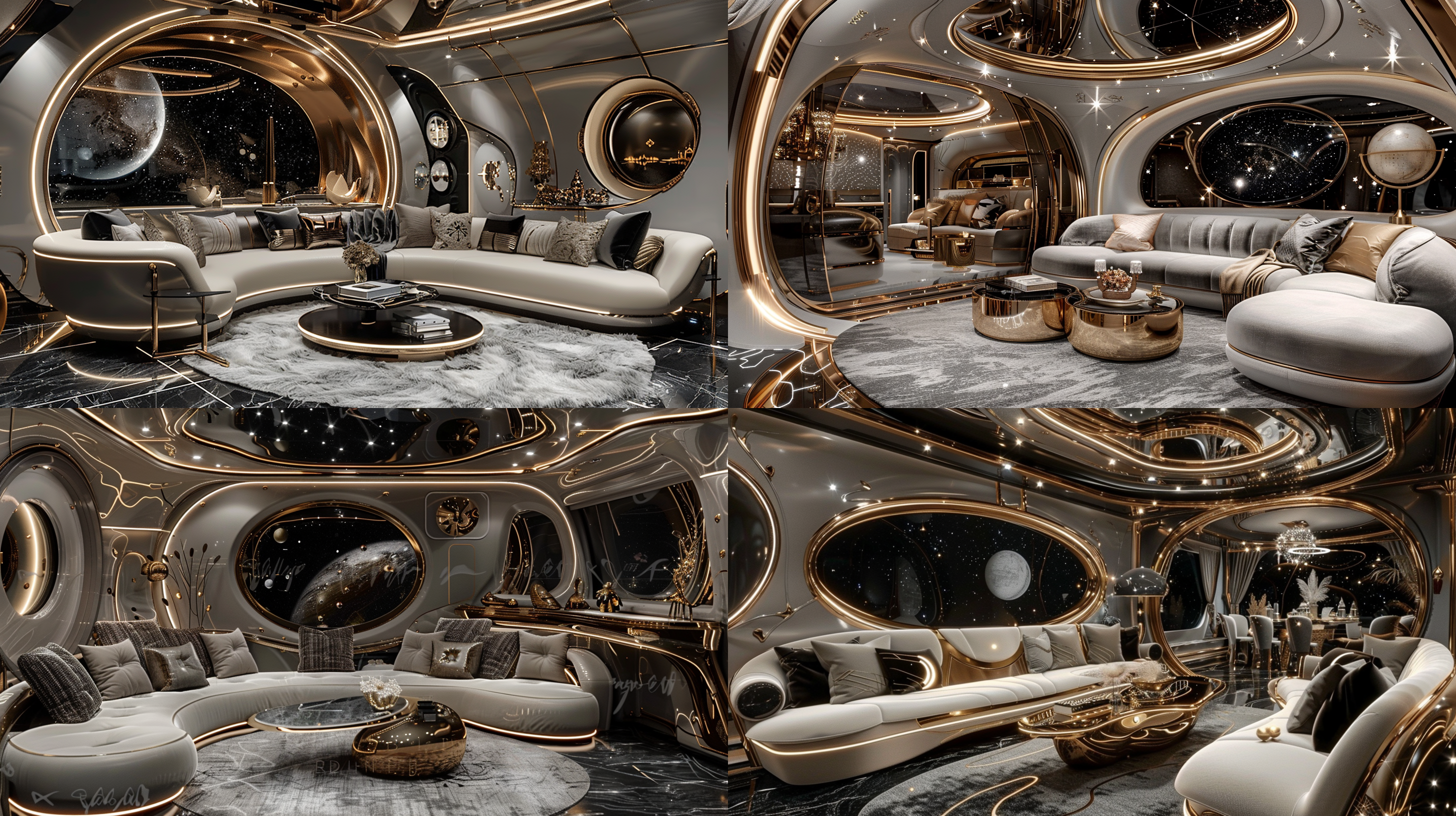 私人奢华封闭的包房，舒适设计感的沙发，茶几，吊顶墙面流线型造型，神秘感，微微星光点缀，冷色调，奢华，完美视角，细节，广角，超写实，cr渲染