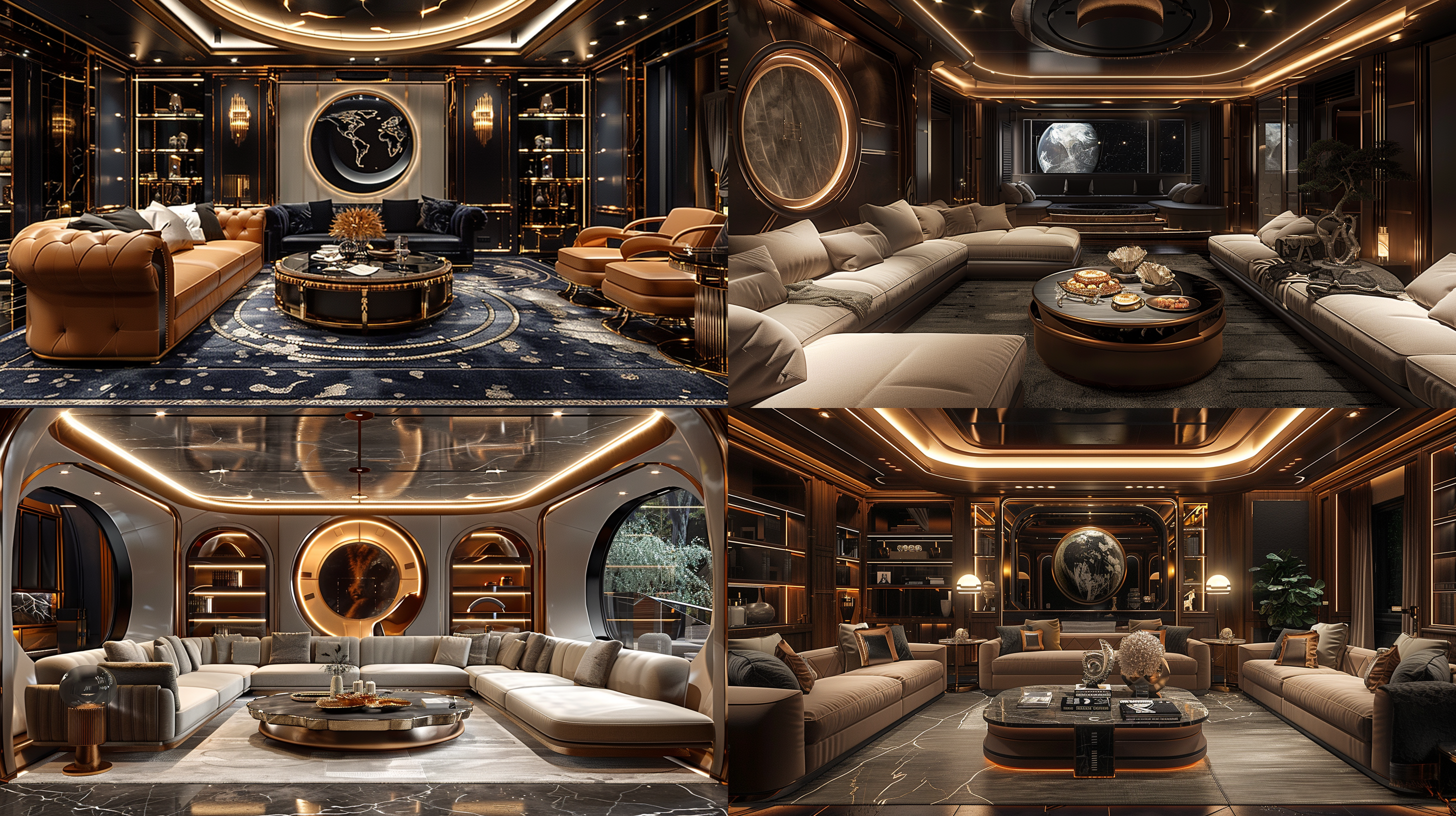 私人奢华封闭包房，舒适设计感沙发，茶几美食，吊顶墙面流线型造型，高质感材料，精致装饰，神秘感，冷色调，奢华，完美视角，细节，广角，超写实，暗黑冷酷风，cr渲染，低调奢华，细节丰富，光线柔和，氛围神秘。