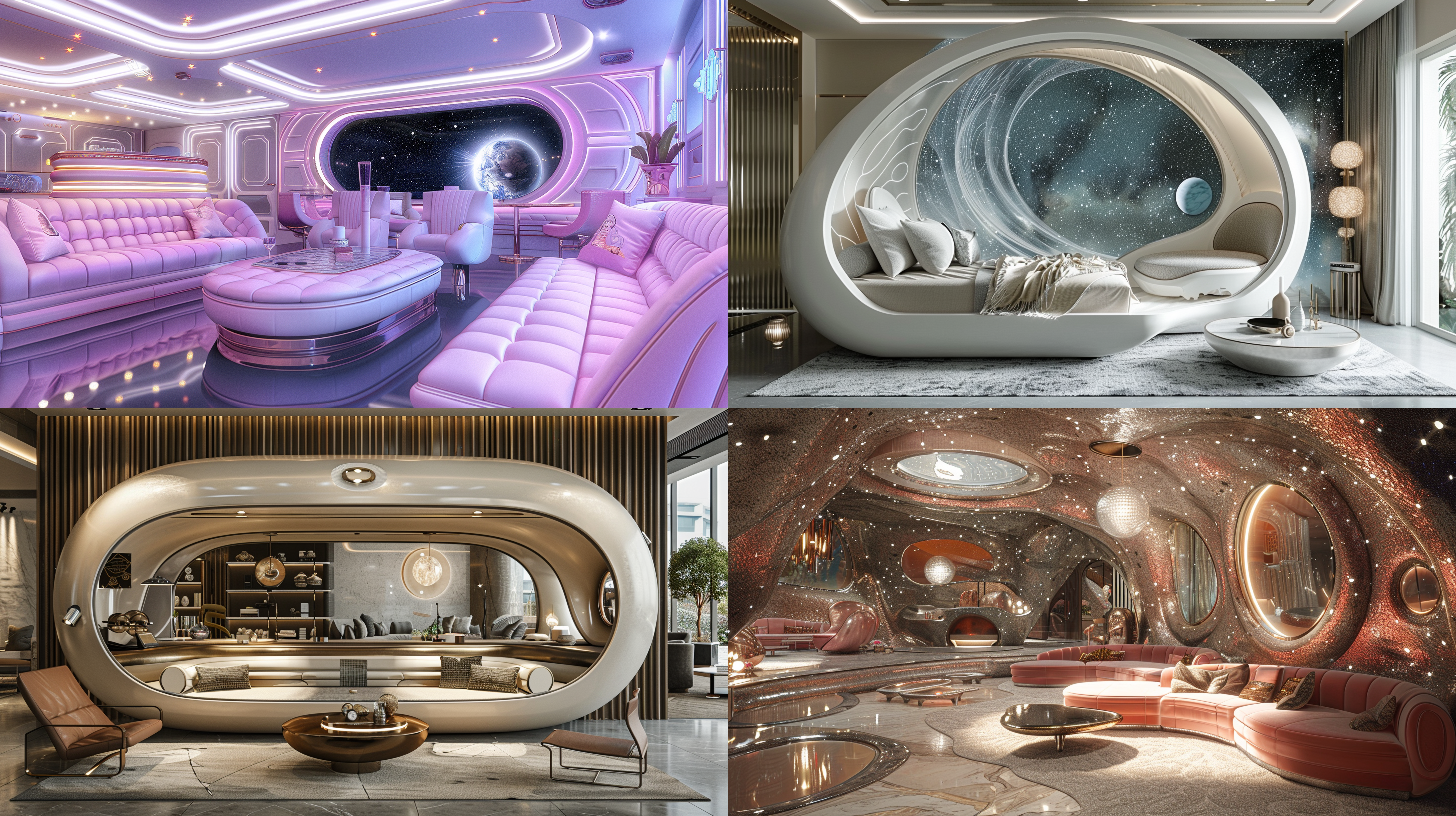 未来派室内封闭包间，沙发茶几单椅，金属星云装饰，柔和色彩，奢华生活方式，高质感材料，独特设计，神秘氛围，单色调色板，炼金术概念，广角镜头，超写实风格，冷色调，柔和光线，静谧感。