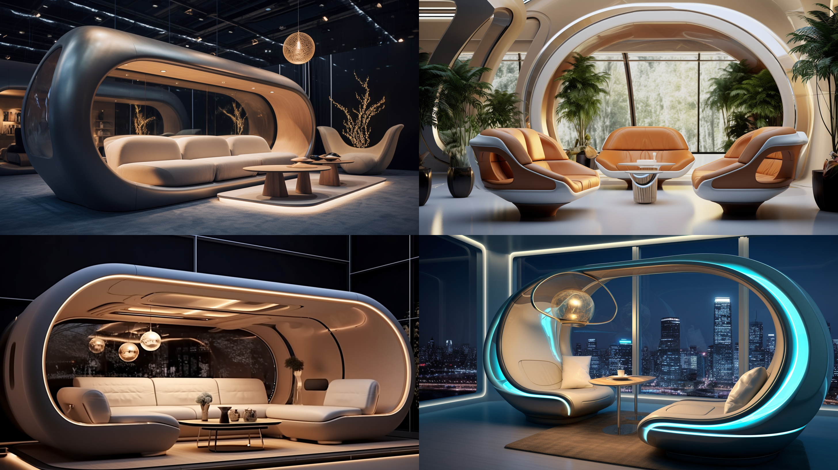 未来派室内封闭包间，设计感沙发茶几单椅，柔和色彩，奢华生活方式，高质感材料，独特设计，氛围神秘，体积感，广角，超写实，冷色调，超高清，自然光，静谧，现代。