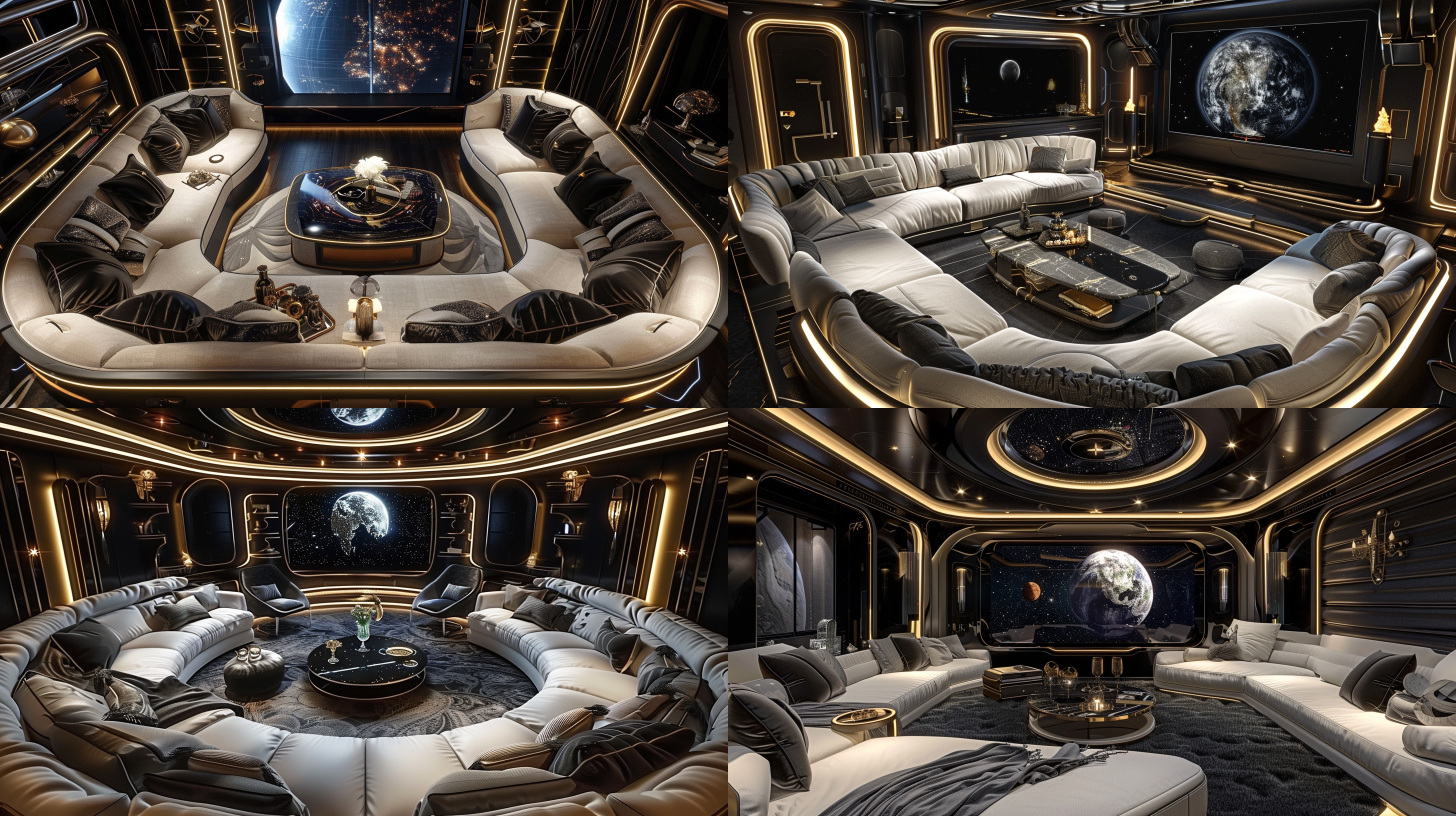 赛博朋克风室内包间，大屏幕对面，u形沙发两侧，茶几单椅，奢华生活，黑白色调，香槟金点缀，高科技质感材料，神秘氛围，绚烂照明，广角俯视，超写实冷色调，超高清cr渲染。