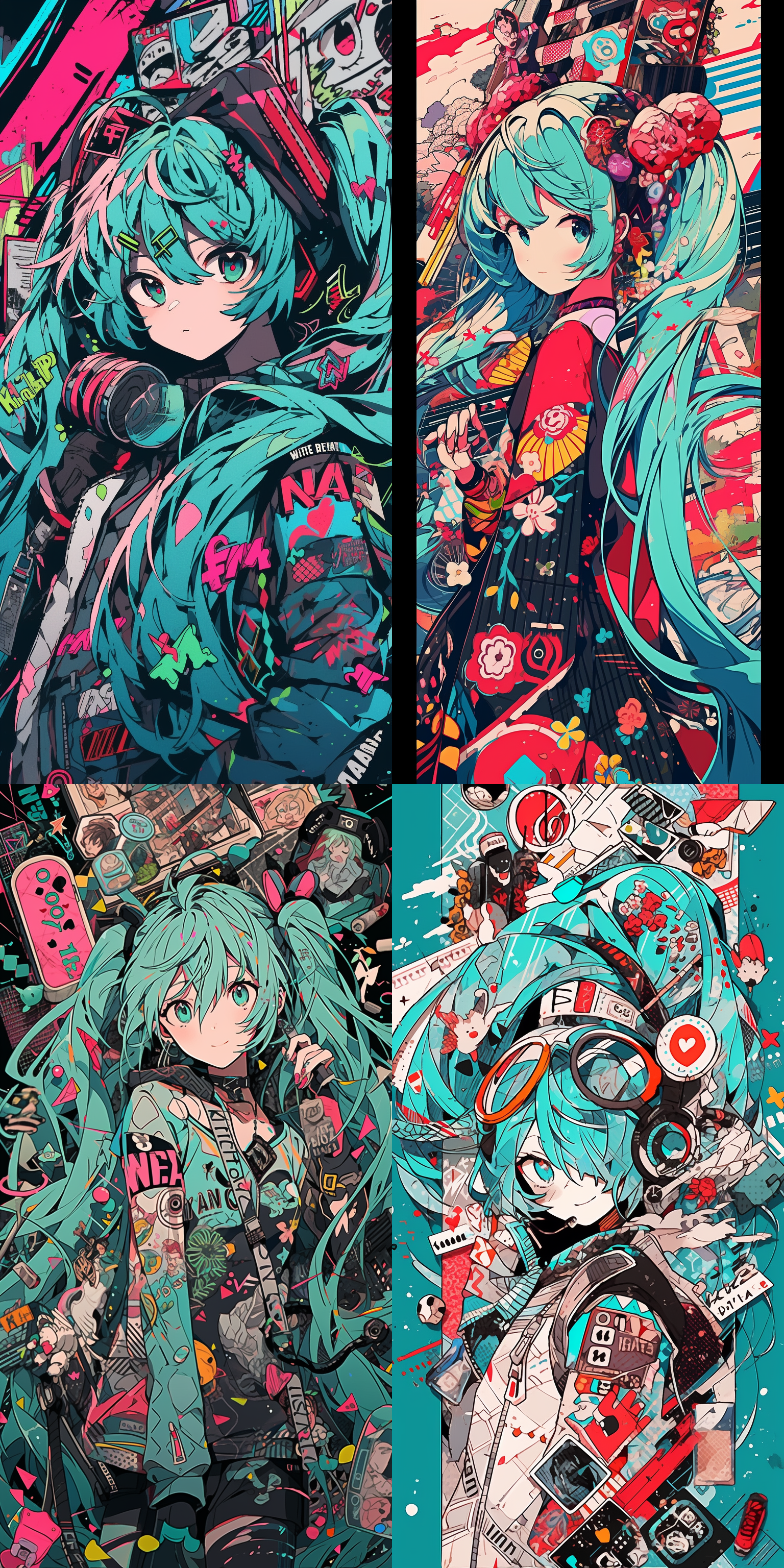 初音未来卡通插画，mrs becca doodlefly风格，grunge美学，sandara tang影响，混合图案，文字与表情符号装置，特写镜头，迷人角色描绘，民俗元素，3:4比例，风格化400，粗犷线条，鲜艳色彩，复杂纹理，非对称构图，动态表情，文化符号，街头艺术感。