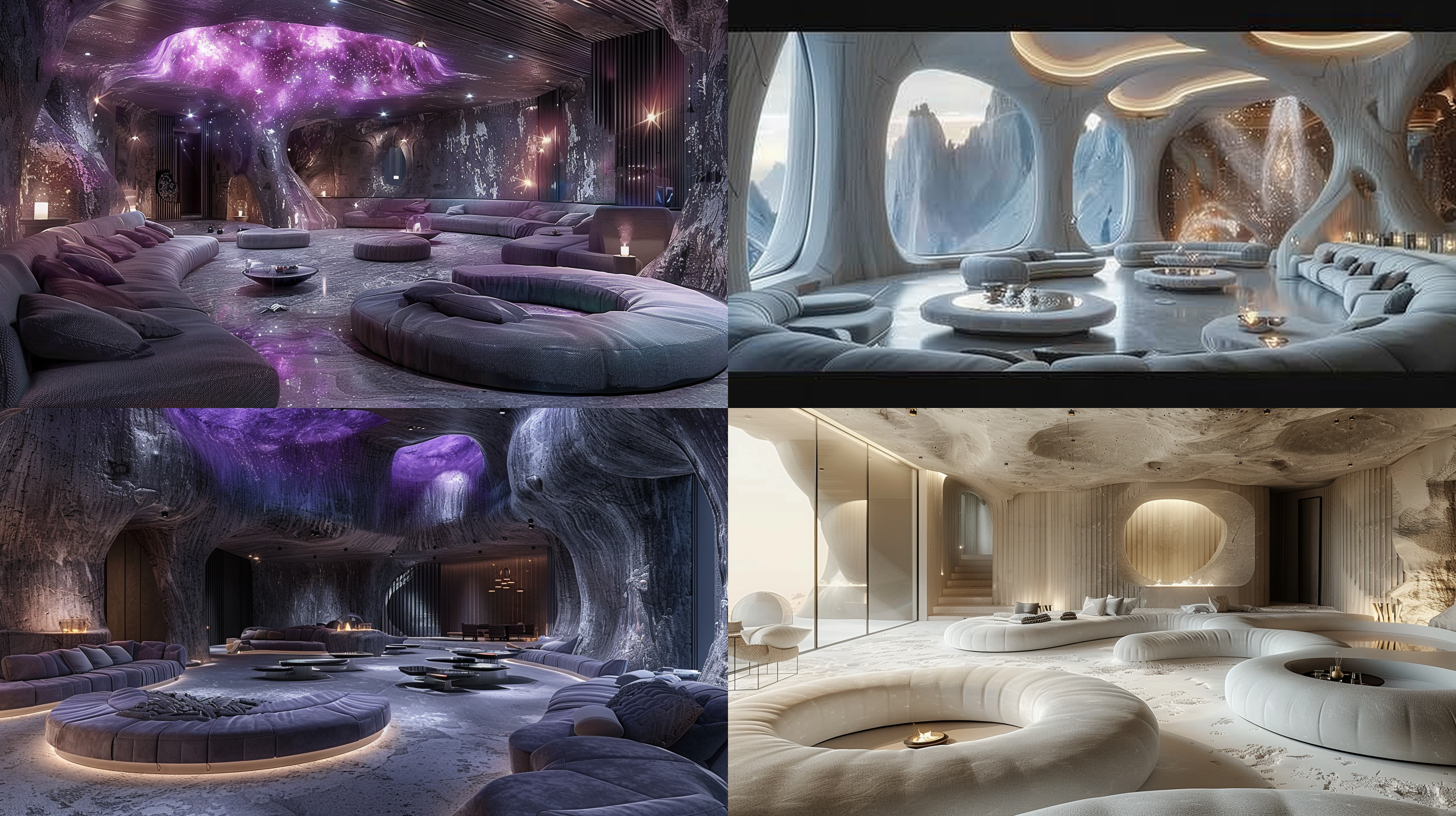 未来派客厅，金属星云环绕，电影剧照风格，柔和喜怒色彩，奢华生活，独特设计，灵感源自ludolf bakhuizen，天王星午餐，单色调，复杂环境，炼金术概念，塔希尔·萨拉霍夫作品，混凝土艺术，休息区，冷光照明，广角镜头，高动态范围，未来主义，科技感，宁静氛围。