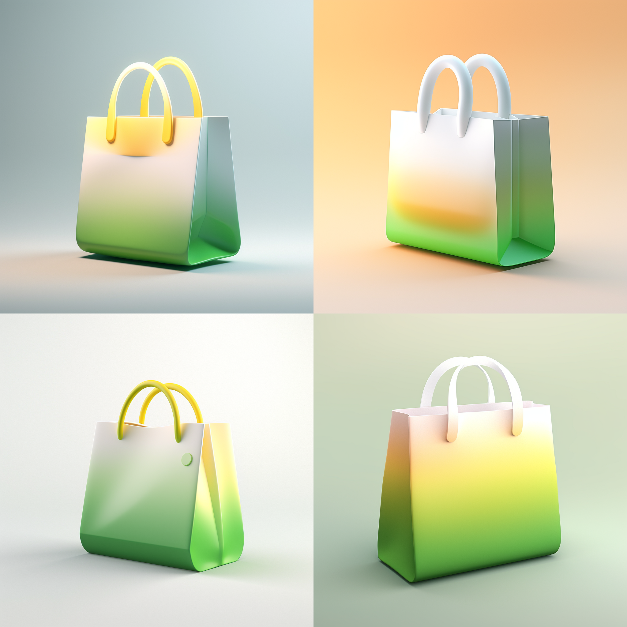 3d购物袋图标，可爱造型，极简主义风格，哑光质感，黄绿色与白色渐变，简洁白色背景，超现实主义氛围，细节丰富，8k分辨率，柔和光线，立体感强，色彩鲜明，现代感十足。