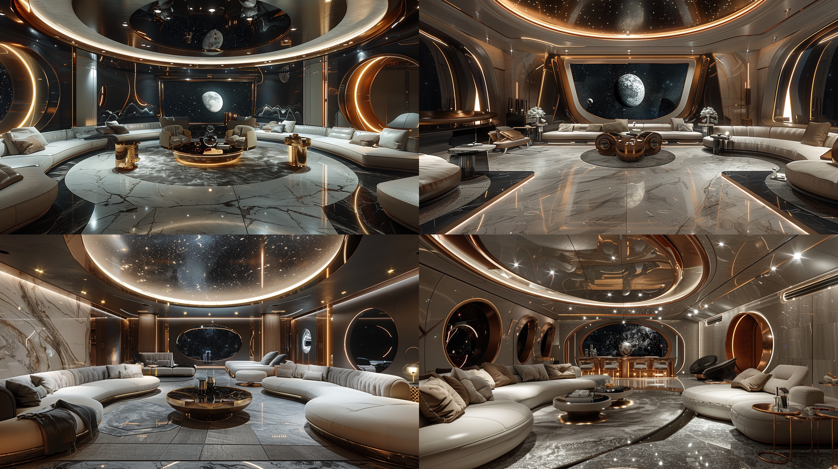 室内包间，屏幕炫酷画面，下沉式反射皮沙发环绕，设计感茶几单椅，金属感夸张墙面，大理石地面，奢华高科技材料，神秘氛围，广角俯视，超写实，冷色调，超高清cr渲染，未来感，金属光泽，暗光照明，科技感十足，奢华生活方式，星光璀璨，完美视角，细节，cr渲染。