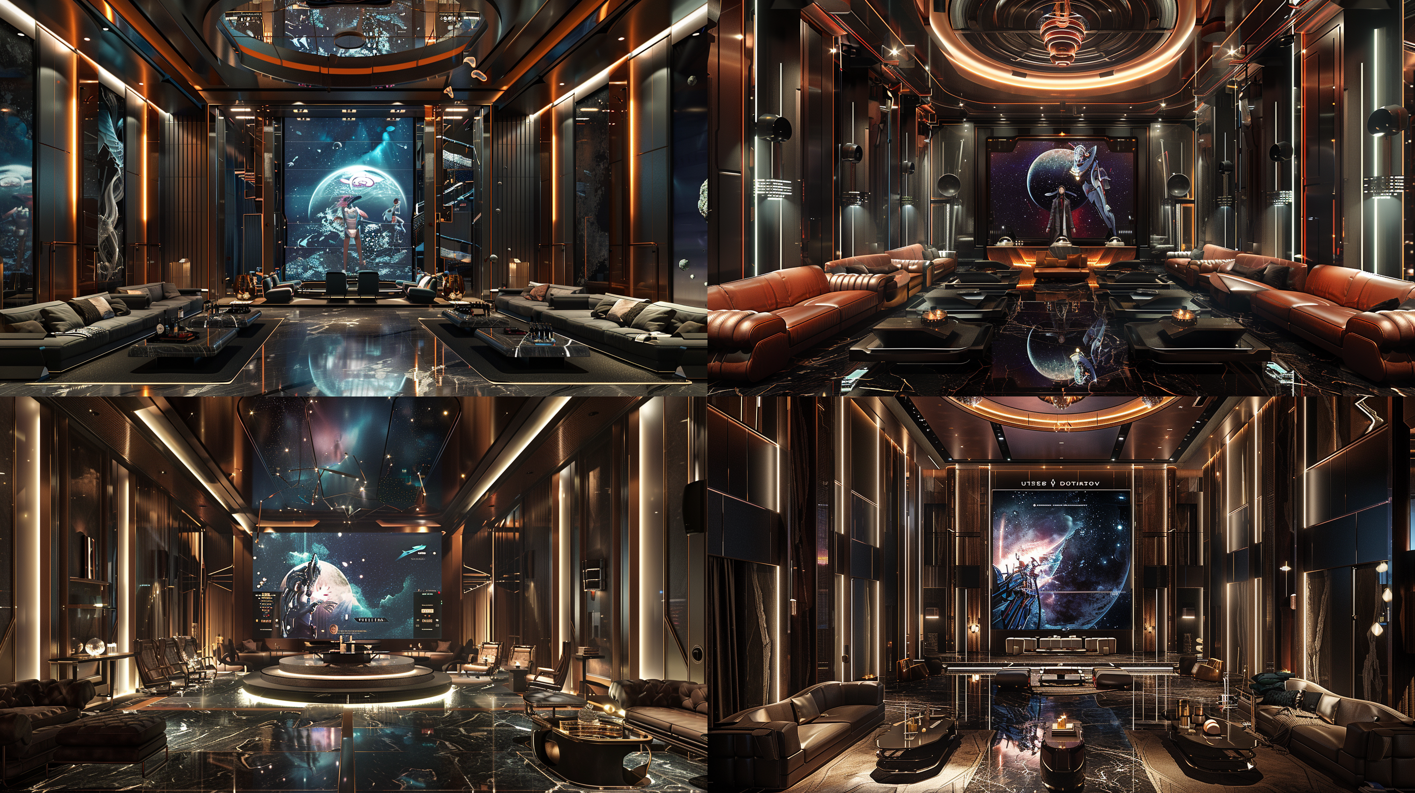 室内挑空大空间，屏幕播放炫酷二次元画面，亮皮沙发环绕，设计感茶几单椅，金属感夸张墙面，下垂式吊顶，大理石地面，奢华高科技材料，广角微俯视，超写实，冷色调，超高清cr渲染，未来感，金属光泽，暗光照明，顶光，科技感，奢华生活，对称视图，星光璀璨，完美视角，细节，cr渲染。