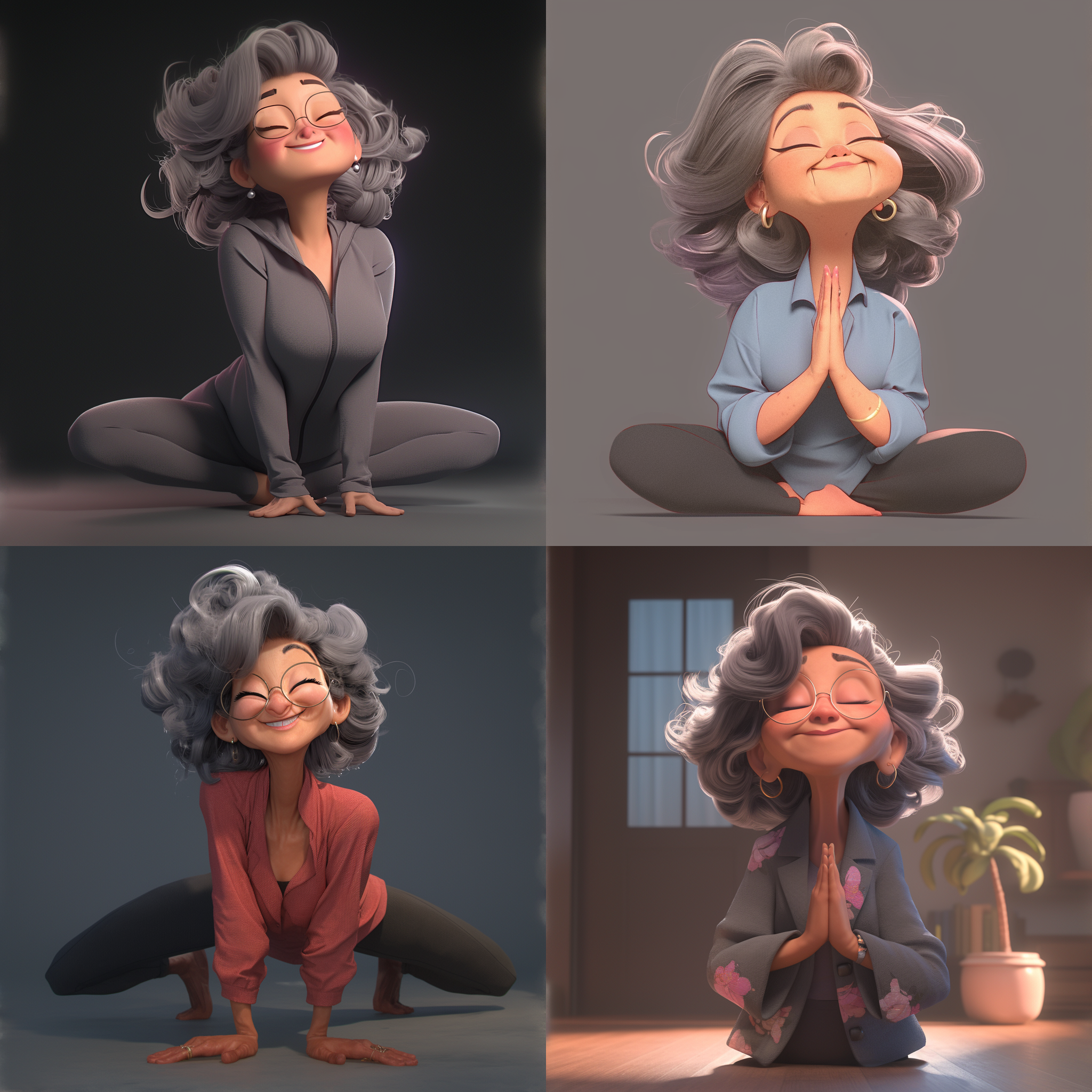 老奶奶练瑜伽一字马，正面照，极简风格，嘴角含笑，欢乐舒畅，风姿卓越，红色黑色蓝色黄色，颜色鲜艳，栩栩如生角色设计，中国画风，自然光，中焦镜头，动态捕捉，柔和阴影，平衡构图。