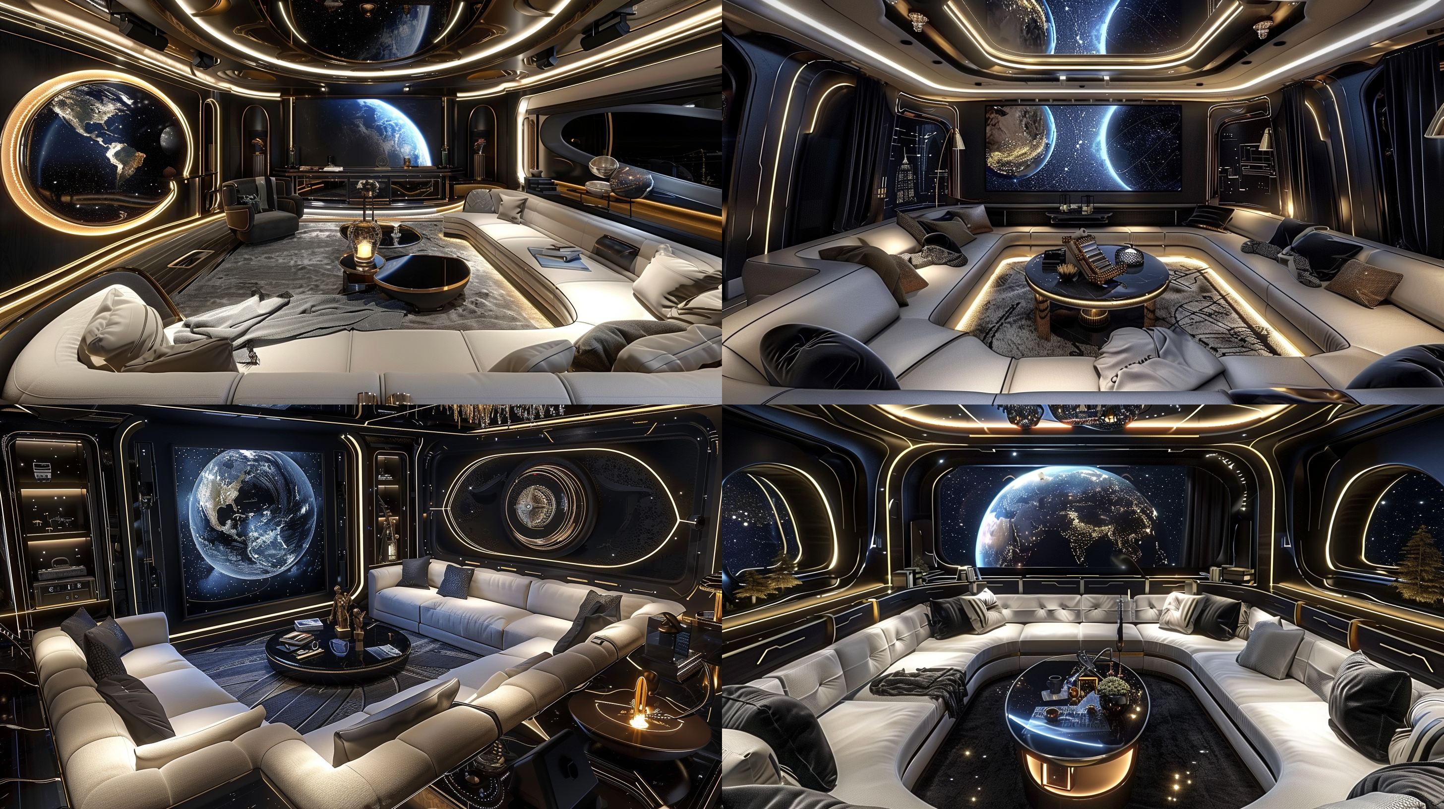 赛博朋克风室内封闭包间，大屏幕对面，u形沙发，茶几，单椅，对比强烈，奢华生活方式，高科技，高质感材料，独特设计，神秘氛围，体积照明，广角，俯视角度，俯瞰整个包间，超写实，冷色调，超高清，cr渲染。