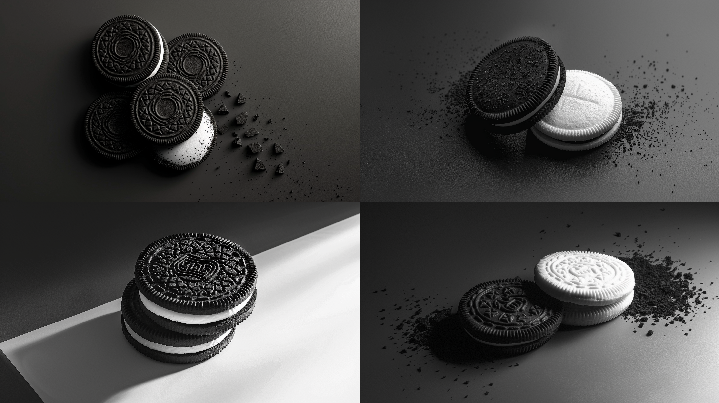 阿拉斯泰尔·马格纳多风格，奥利奥，黑白对比，极简主义，静物摄影，高光影对比，细节丰富，圆形构图，微距镜头，柔和光线，质感突出，怀旧情绪。