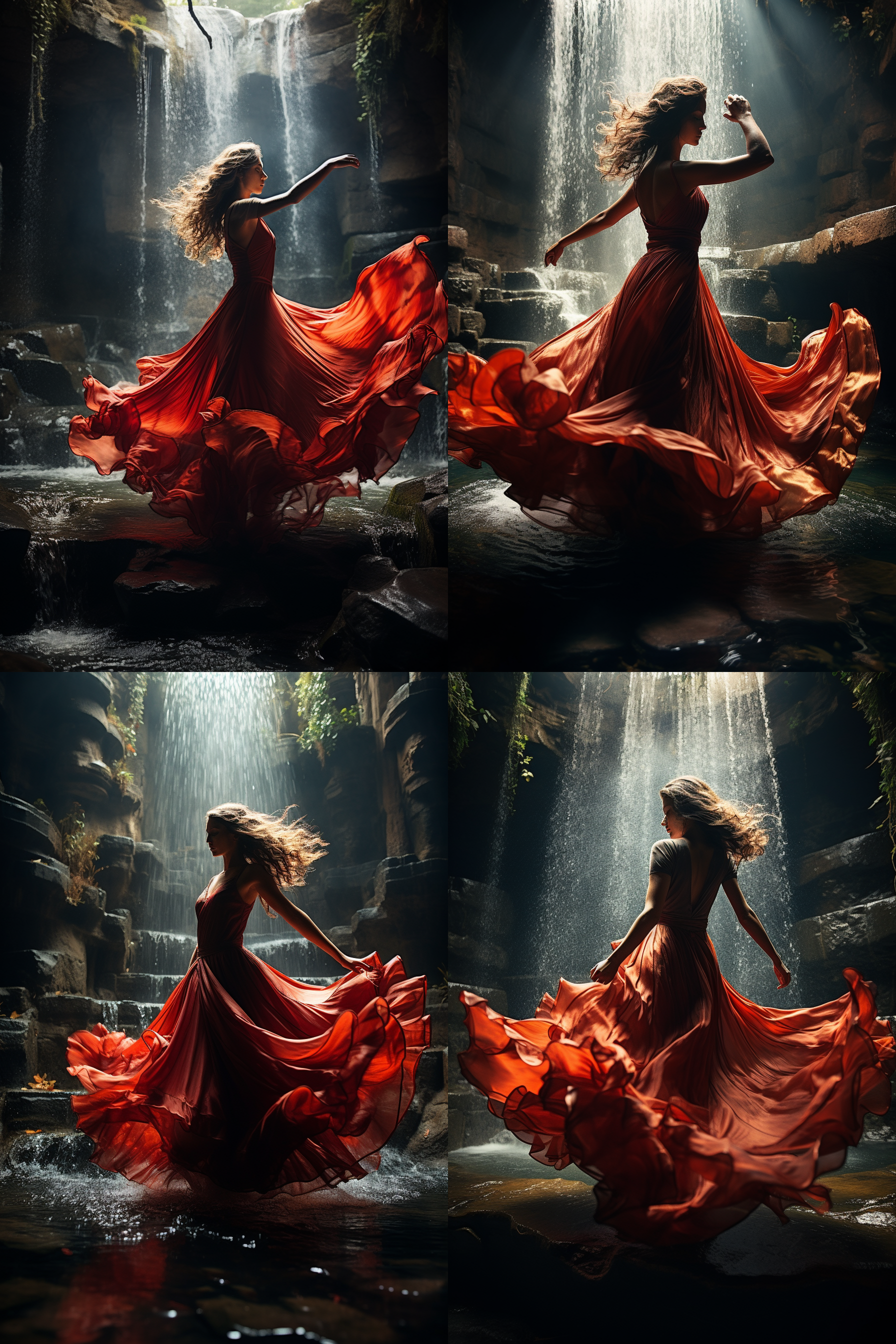 红衣女孩舞蹈，瀑布背景，水花四溅，气势壮观，正面光与逆光，颜色通透，低视角，长焦镜头，8k高清晰画面，动态捕捉，红色与水花对比，专注表情，动态模糊效果。