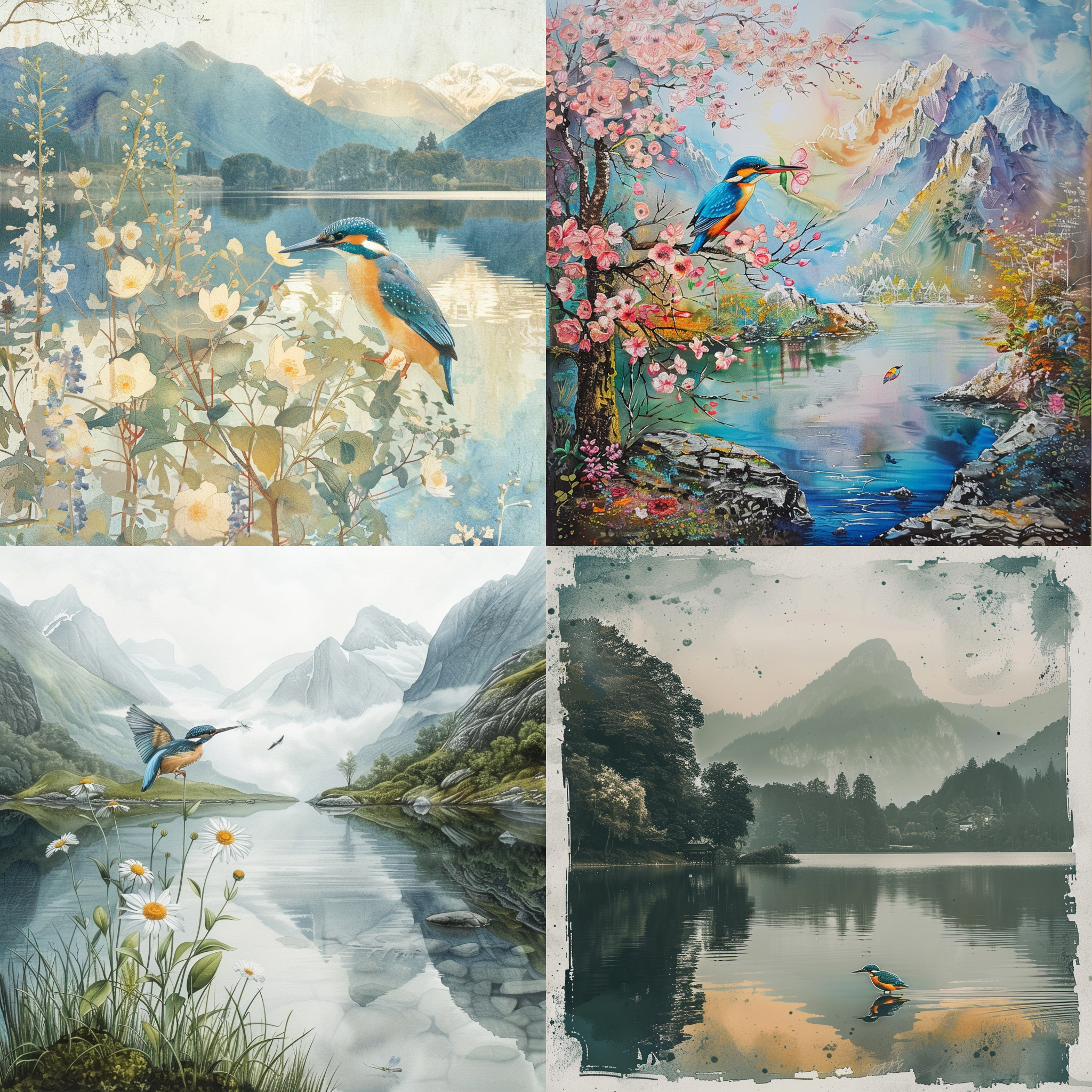 翠鸟采花，山水之间，自然风光，细腻纹理，水彩风格，长焦镜头，柔和光线，静态捕捉，生动表情，鲜艳色彩，宁静氛围。