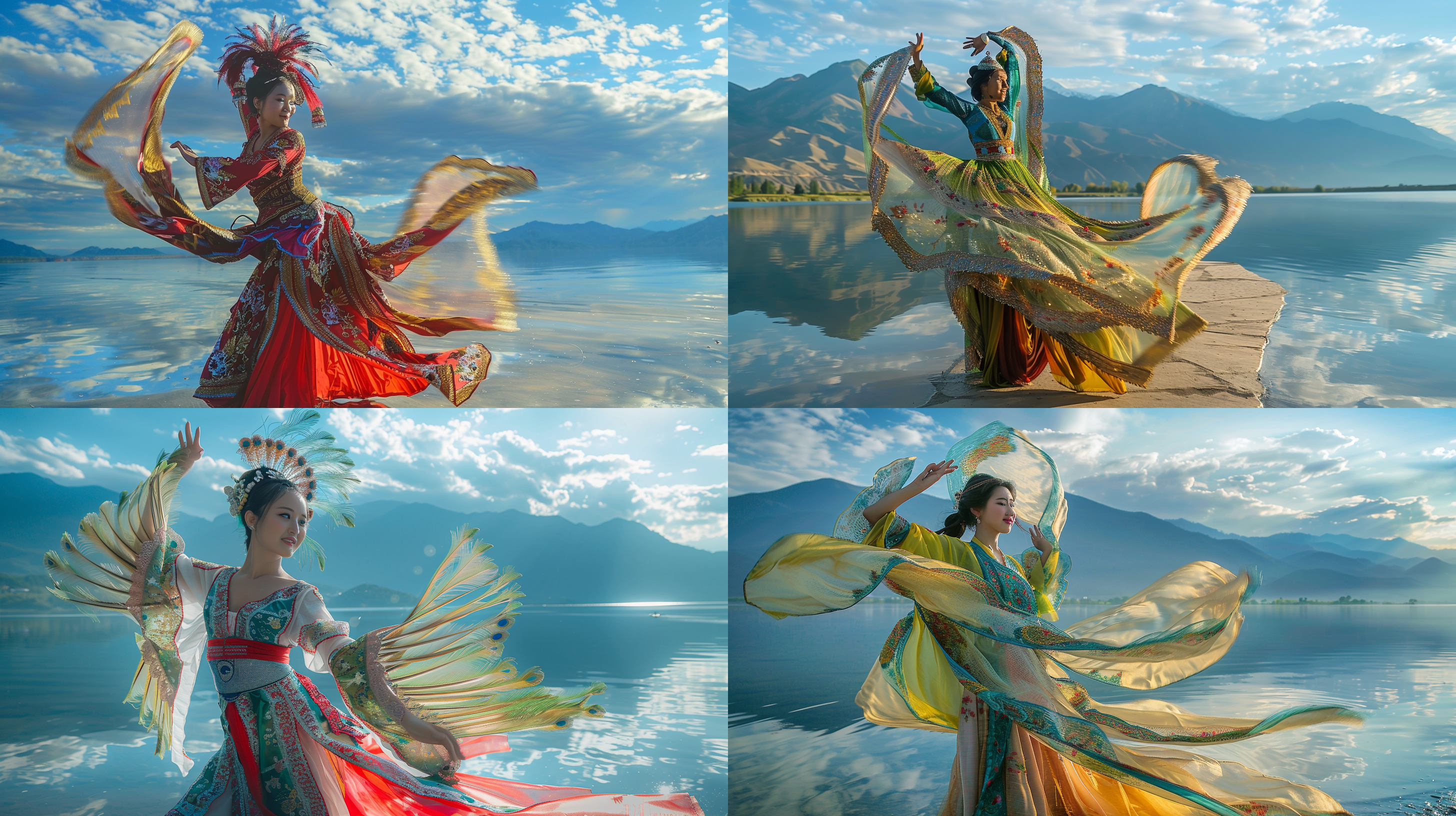 女子洱海边跳孔雀舞，民族服饰，阳光映照，神圣感，洱海宁静，山峦蓝天倒影，清晨，和谐美景，舞姿优雅，笑容灿烂，生活热爱，自然敬畏，长焦镜头，柔和侧光，低饱和度，动态捕捉，宁静氛围。