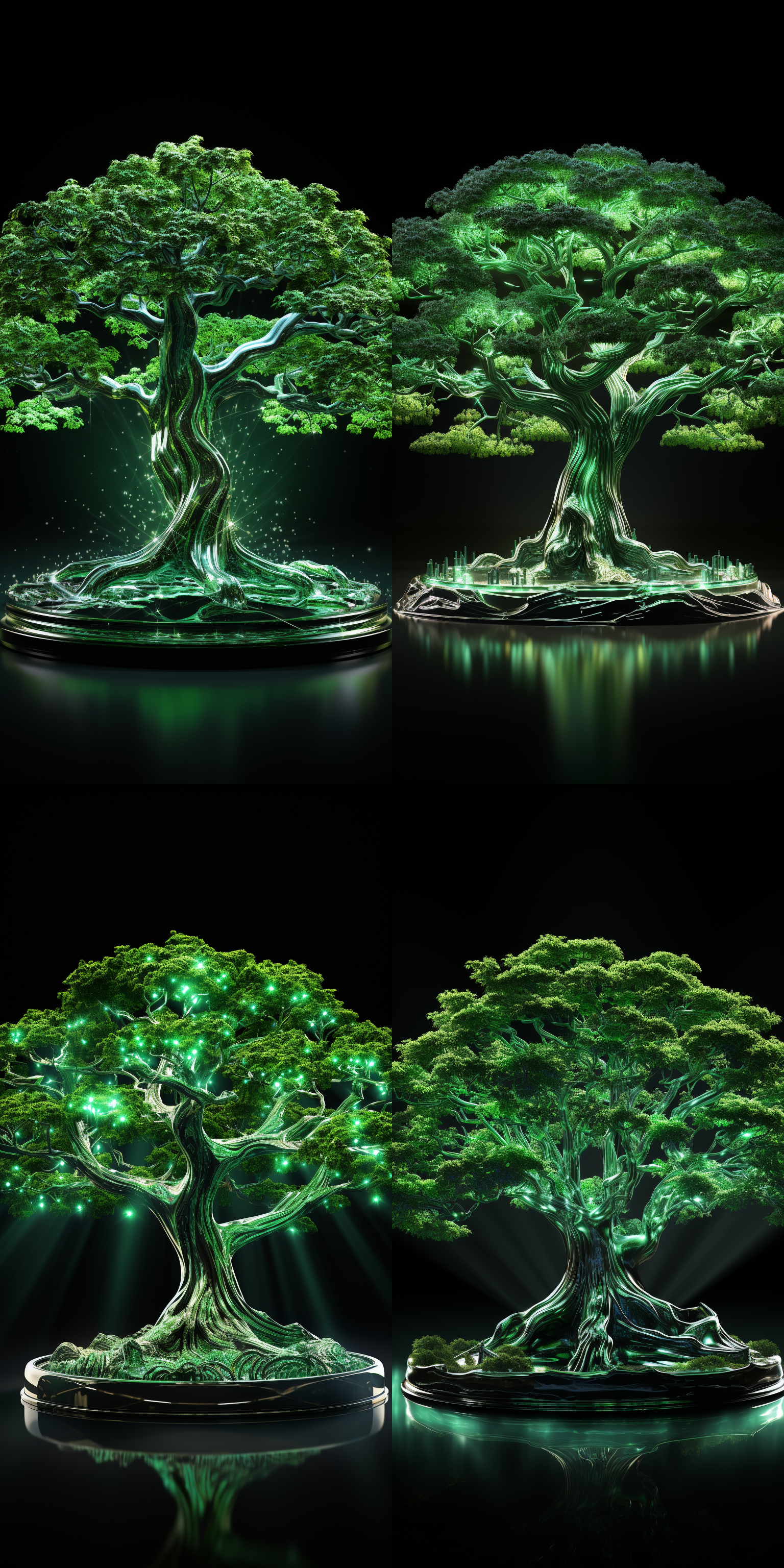 一棵榕树全息图，在黑暗背景上，发光绿色线条在其结构周围形成复杂图案。该设计展示了详细的榕树纹理细节和特色，创造了树木生命的视觉震撼表现，8k分辨率，具有艺术性，充满美感。