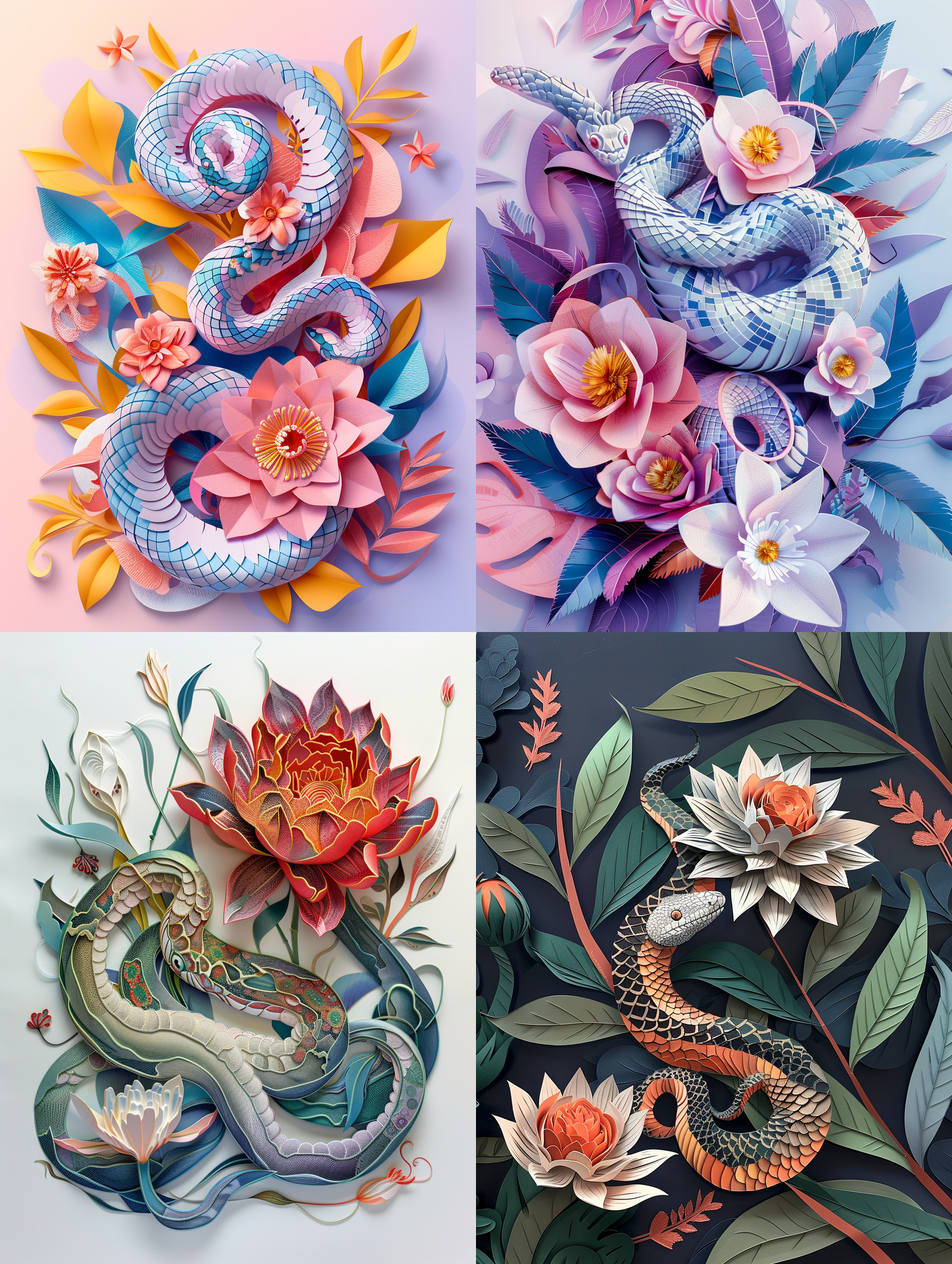 多维剪纸工艺，纸质插画，蛇与花，华丽装饰，彩色香草油，对称构图，细腻线条，柔和光线，高饱和色彩，微距镜头，静态动作，神秘氛围，传统与现代融合。