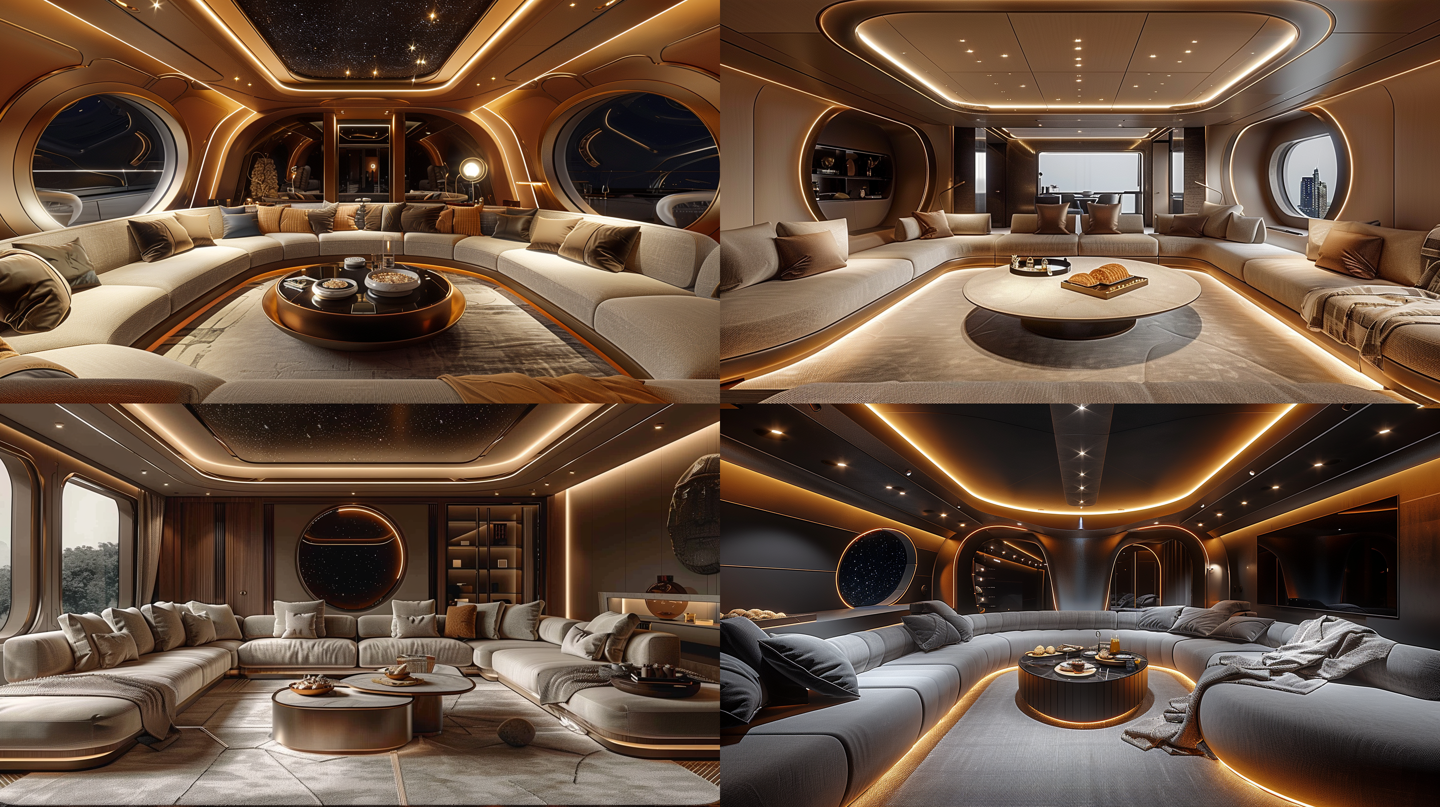 私人奢华封闭包房，舒适设计感沙发，茶几美食，吊顶墙面流线型造型，高质感材料，精致装饰，冷色调，完美视角，细节聚光，广角镜头，超写实风格，暗黑冷酷风，cr渲染，低调奢华，现代感，光影对比，静谧氛围。