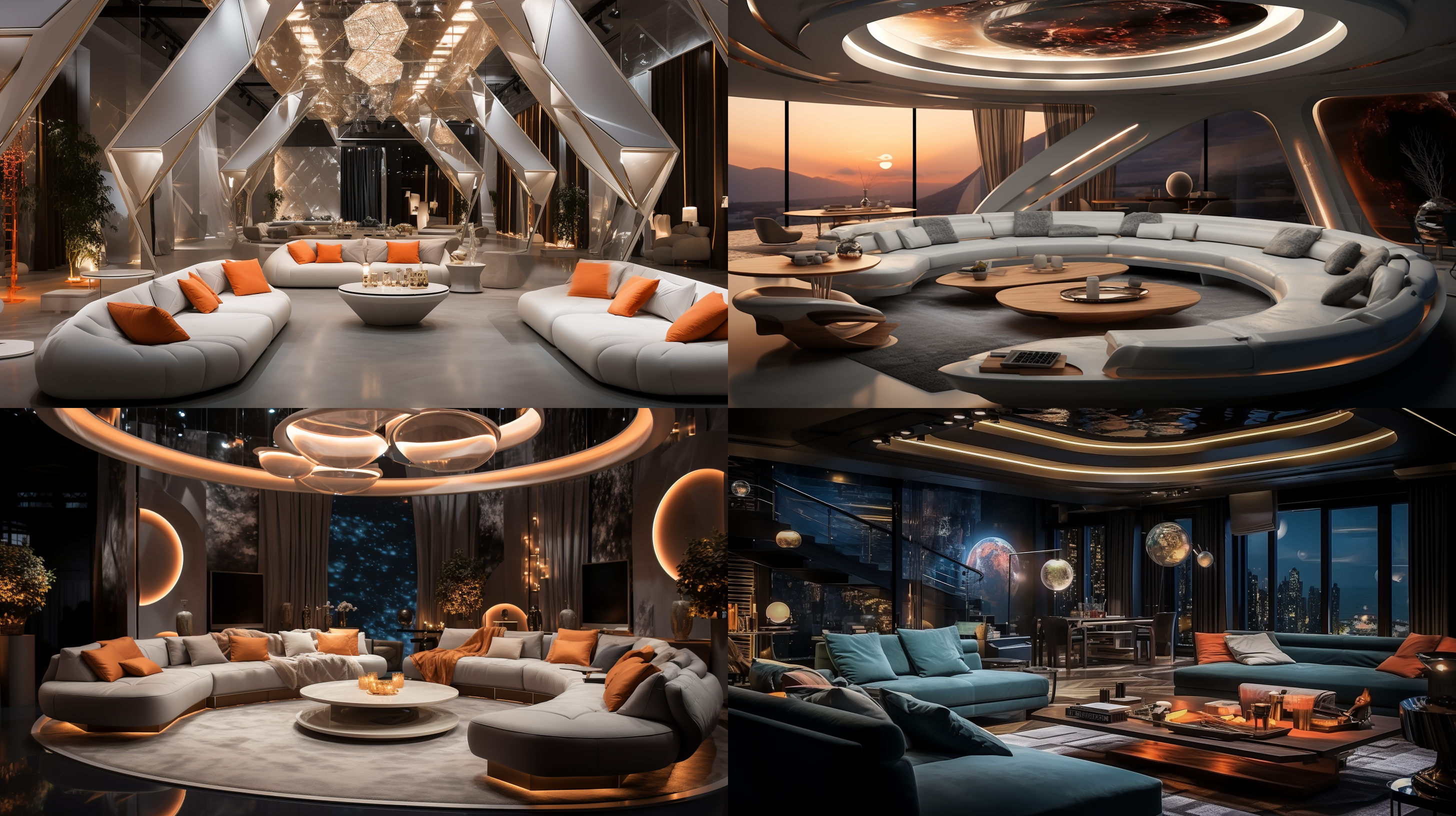 十平方米室内封闭包房，现代风格，设计感沙发，大屏幕，金属感茶几，香槟，dj，美食，豪华主题，流感线条，大理石地面，浅色调，神秘未来感，明亮柔和，丰富细节，美学，体积照明，两点透视，广角，慢快门，高清画质，cr 3dmax渲染。