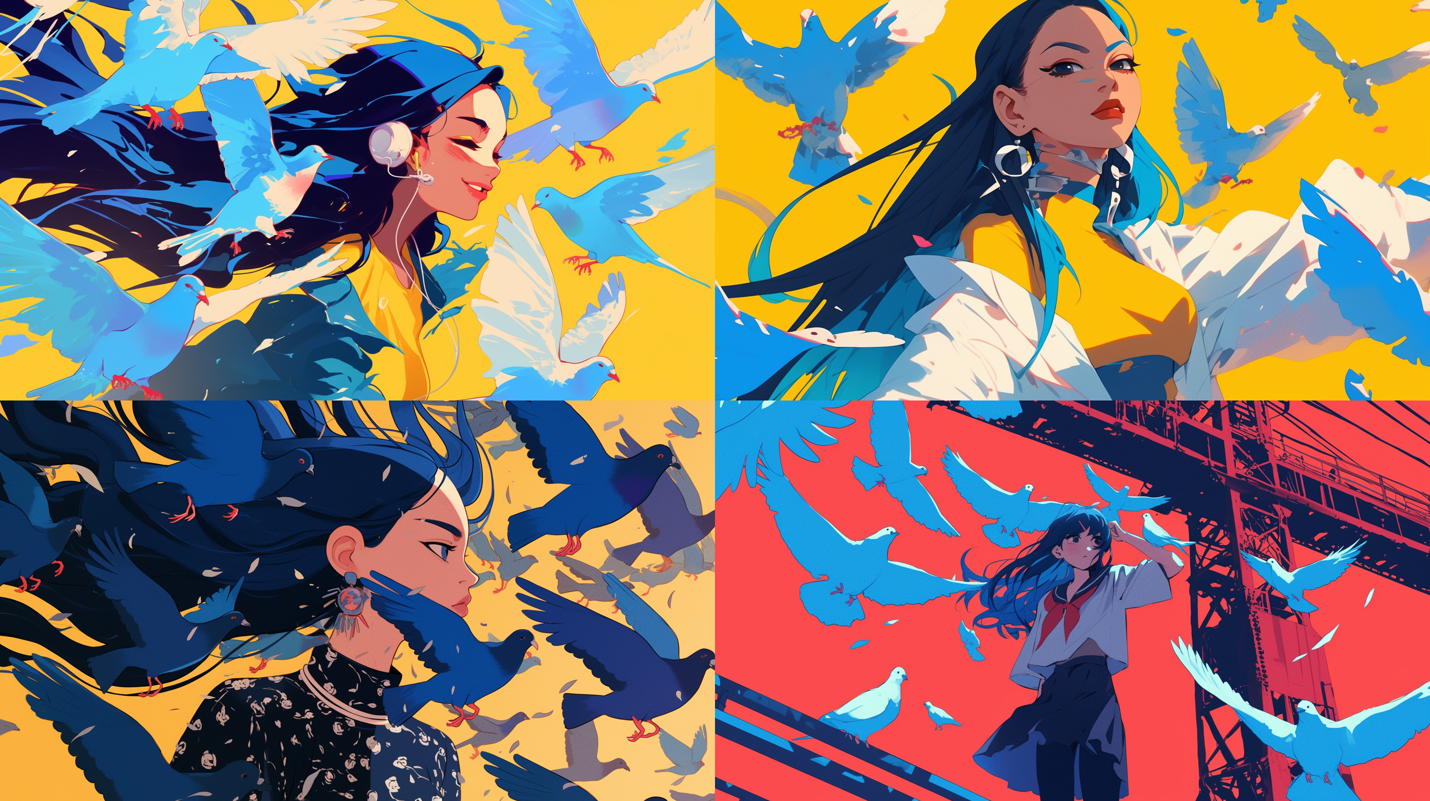 卡通插画特写，深蓝色长发女子全身照，鸽子环绕，mrs becca doodlefly风格，grunge美学，sandara tang影响，夸张表情，鲜艳色彩，纹理丰富，动态构图，街头文化，复古质感，高饱和，粗犷线条，对比强烈，光影交错。