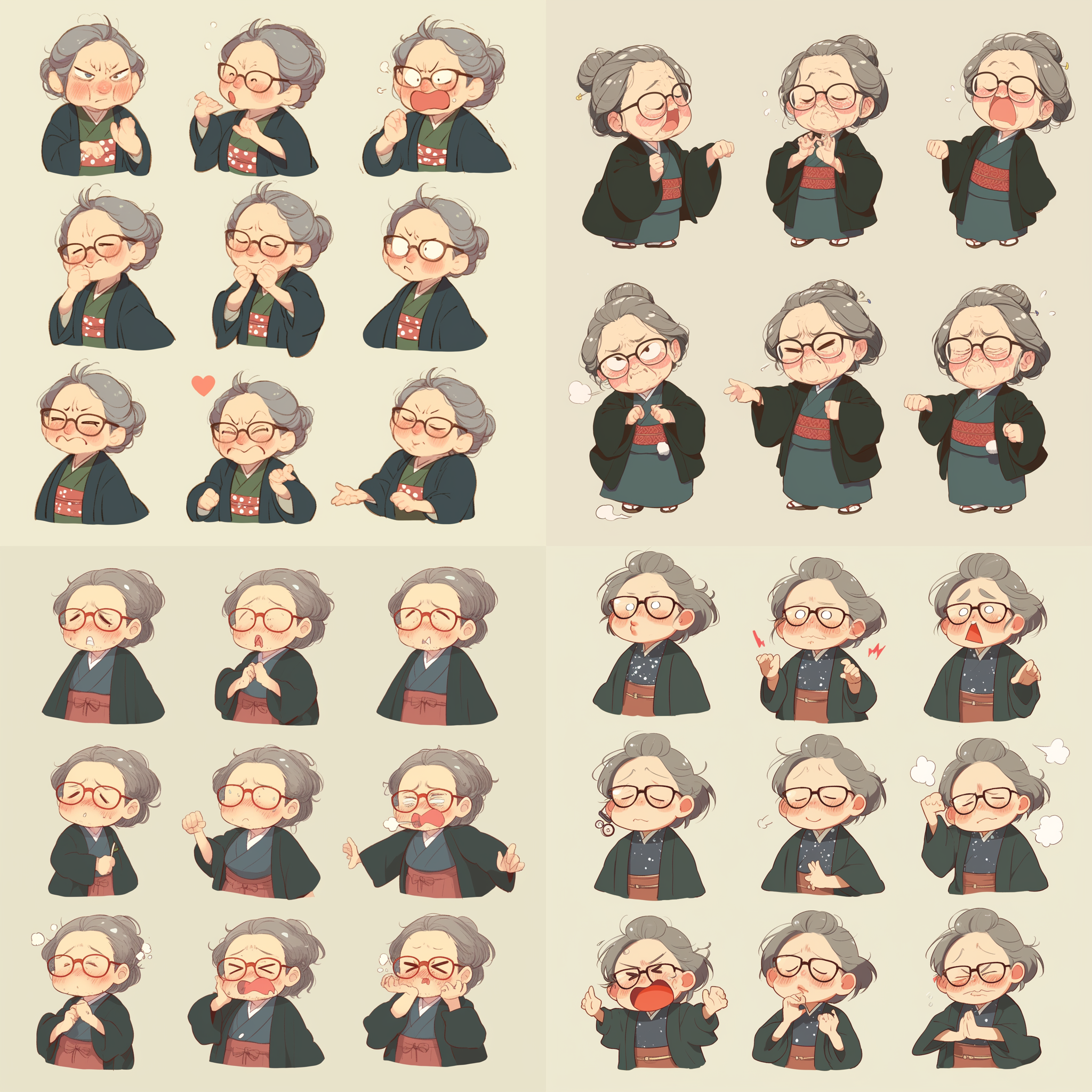 时尚的老奶奶，在跳舞动作，极简风格，正面照，， 表情丰富 夸张滑稽 可爱 生成九种 表情