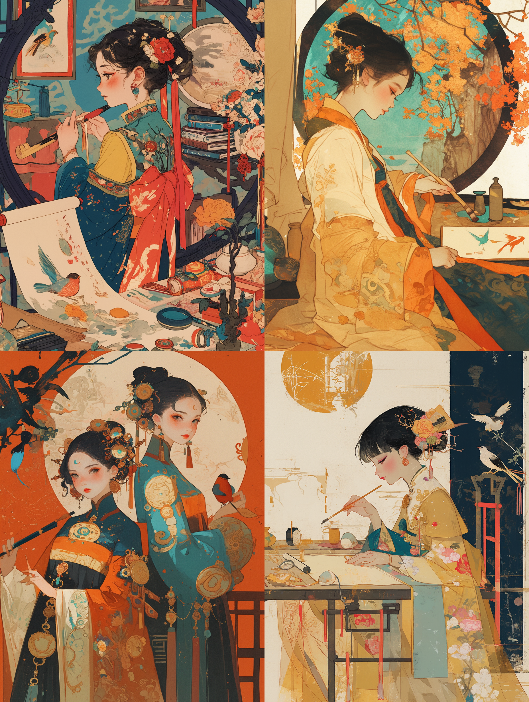 chinese women holding brush scrolls in traditional rooms, styled with surreal and dreamlike landscapes, taylor wesson, orange, bird themes, vivid pictures, detailed designs, murals, 8k