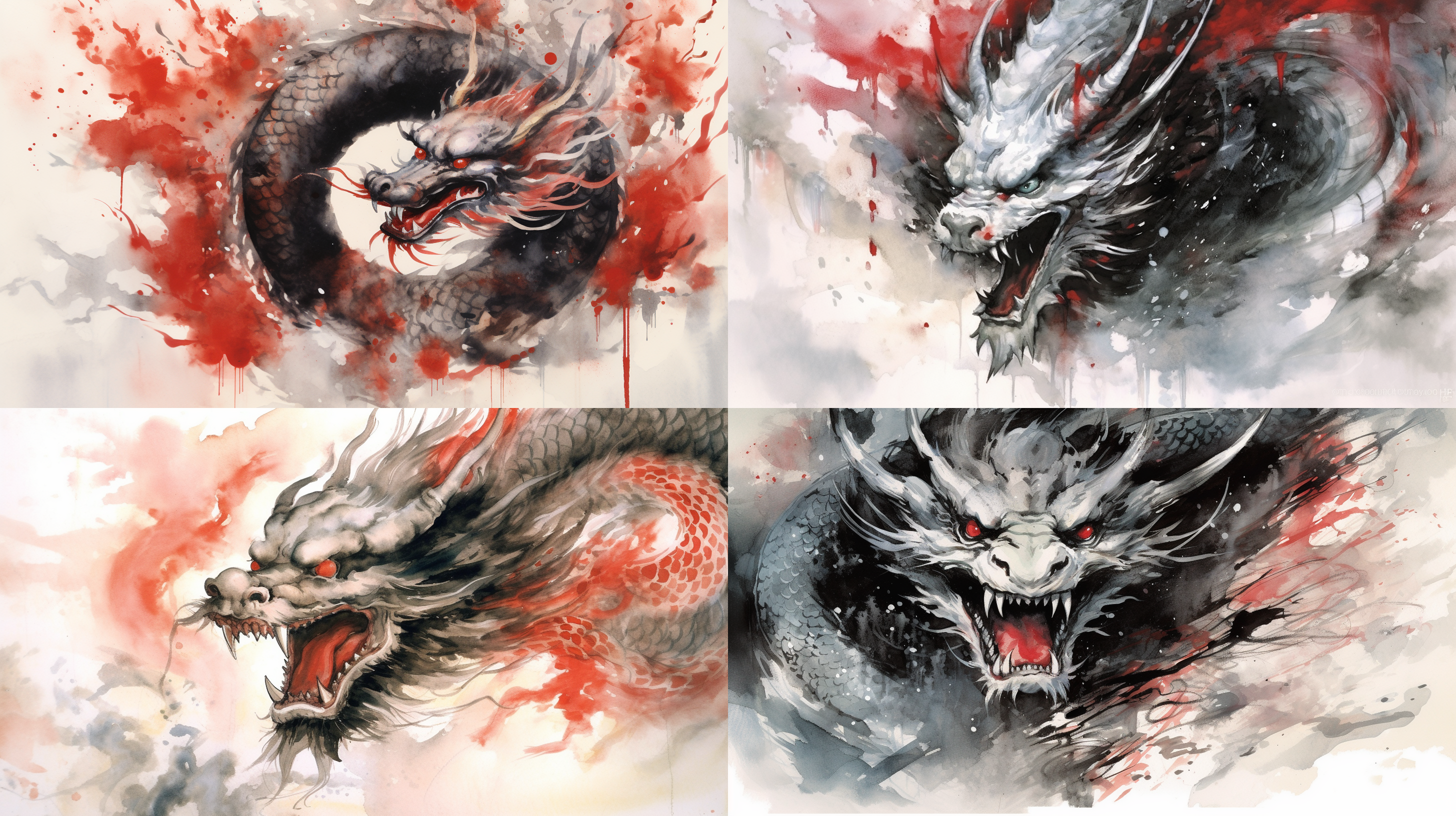 中国龙正面，中国画写意泼墨风格，黑白红色调，喜庆氛围，画面中央，龙眼炯炯有神，龙须飘逸，龙鳞细腻，泼墨技法，水墨渲染，光影对比，动态感强，传统与现代结合。