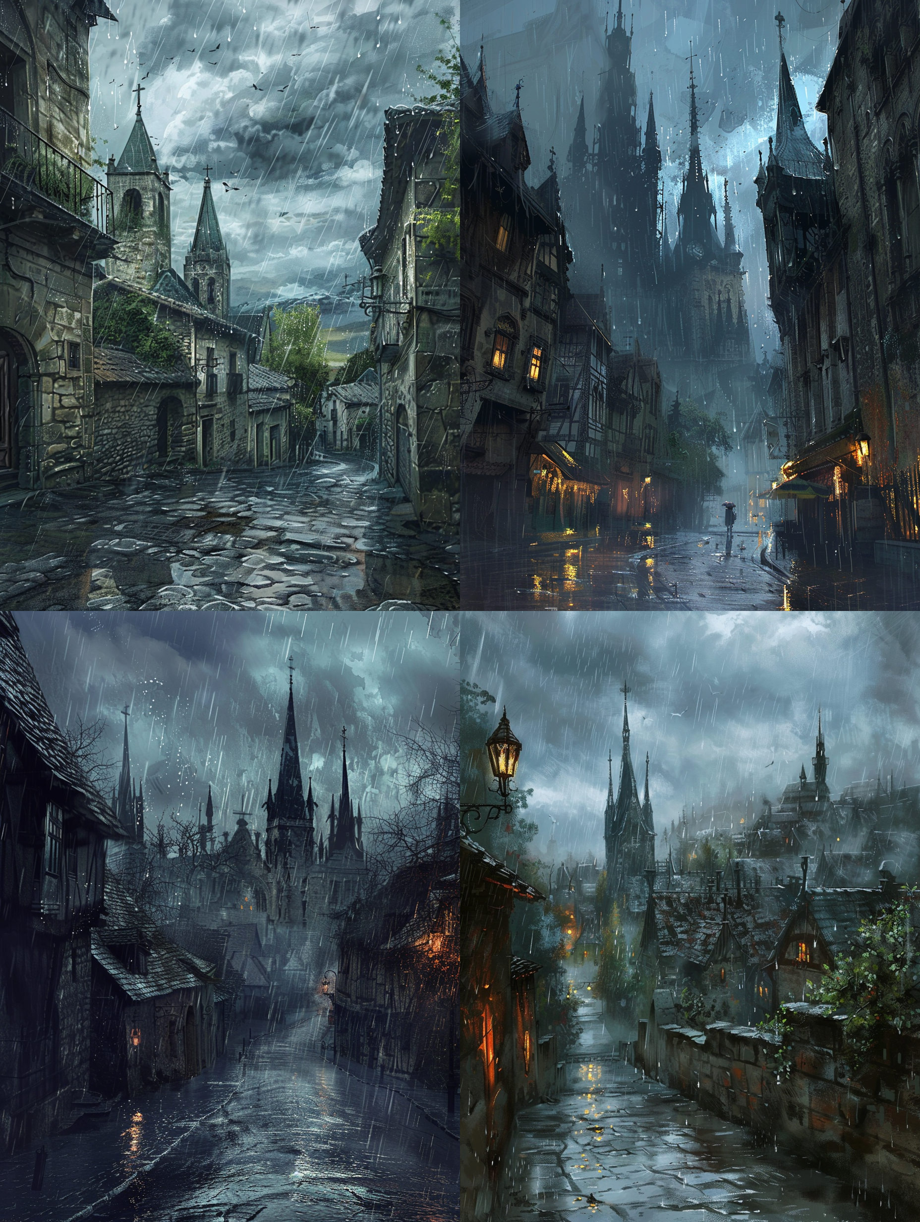 阴郁的天空笼罩着古老的小镇，铅灰色的云层厚重而低垂，仿佛即将触碰到尖顶的教堂塔楼。昏暗的光线中，雨滴斜斜落下，打湿了鹅卵石街道，反射出微弱的银光。深色的油彩风格，赋予画面一种忧郁的浪漫，类似梵高的星夜，笔触狂放又细腻。湿润的空气和冷色调营造出沉思的氛围，4k分辨率捕捉到了每一滴水珠的透明质感，让观者仿佛能听见那落雨的旋律。