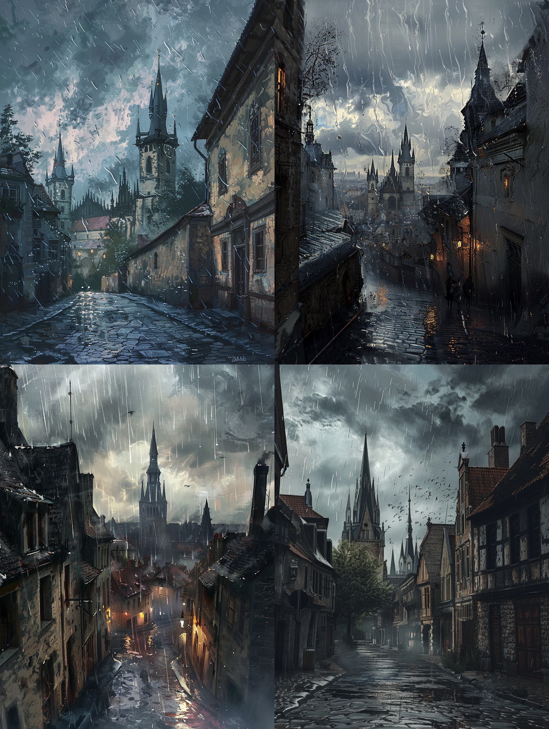 阴郁的天空笼罩着古老的小镇，铅灰色的云层厚重而低垂，仿佛即将触碰到尖顶的教堂塔楼。昏暗的光线中，雨滴斜斜落下，打湿了鹅卵石街道，反射出微弱的银光。深色的油彩风格，赋予画面一种忧郁的浪漫，类似梵高的星夜，笔触狂放又细腻。湿润的空气和冷色调营造出沉思的氛围，4k分辨率捕捉到了每一滴水珠的透明质感，让观者仿佛能听见那落雨的旋律。