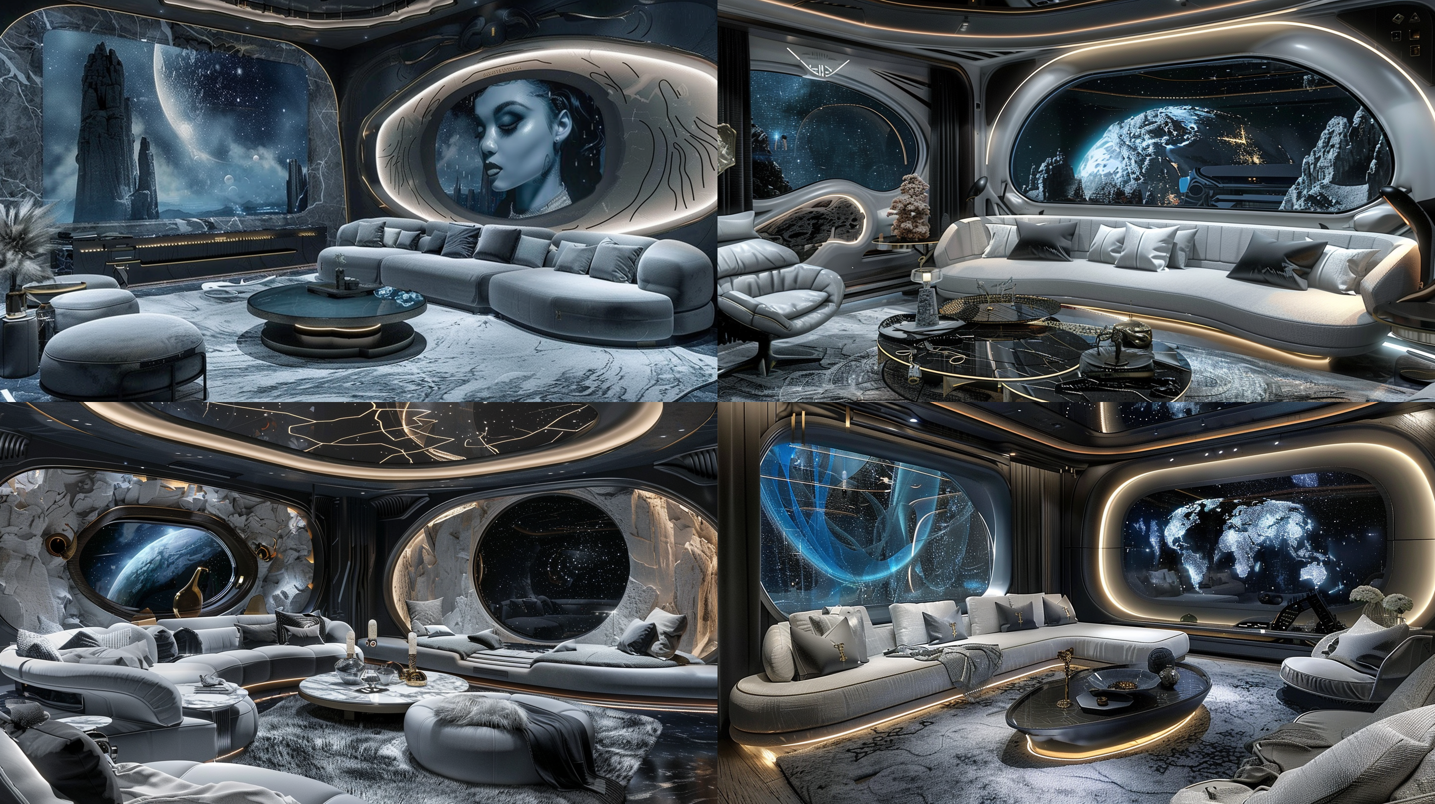 赛博朋克风室内封闭包间，大屏幕霓虹灯，设计感沙发茶几，单椅，奢华生活方式，黑白色调，香槟金点缀，高科技质感材料，神秘绚烂氛围，体积照明，广角镜头，俯视角度，超写实风格，冷色调，柔和光线，超高清画质，cr渲染。