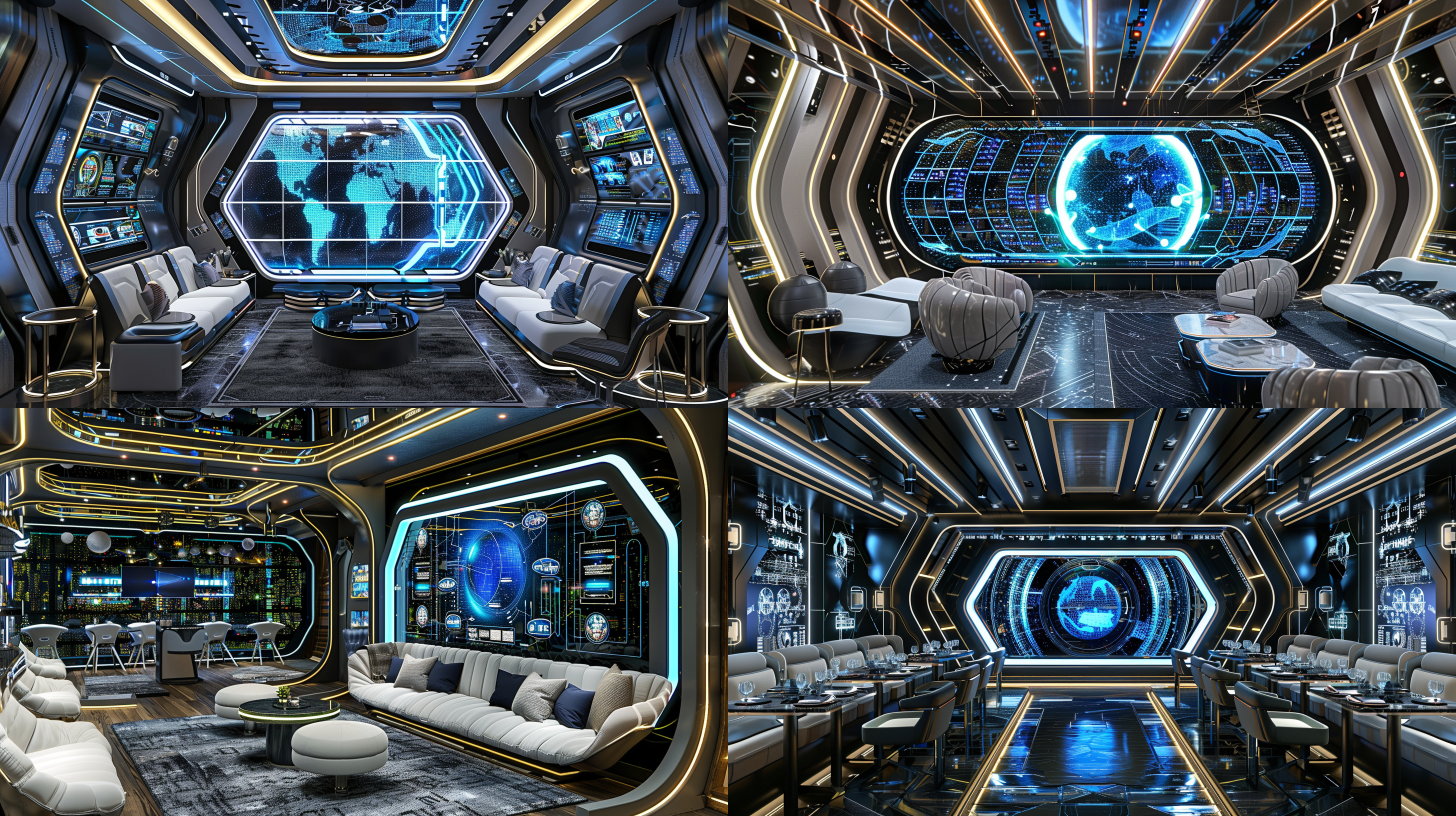 赛博朋克风室内封闭包间，大屏幕正对，霓虹灯，设计感沙发茶几单椅，对比强烈，奢华生活方式，黑白色为主香槟金辅助，高科技质感材料，独特设计，神秘绚烂氛围，体积照明，正视广角，超写实，冷色调柔和，超高清，cr渲染。