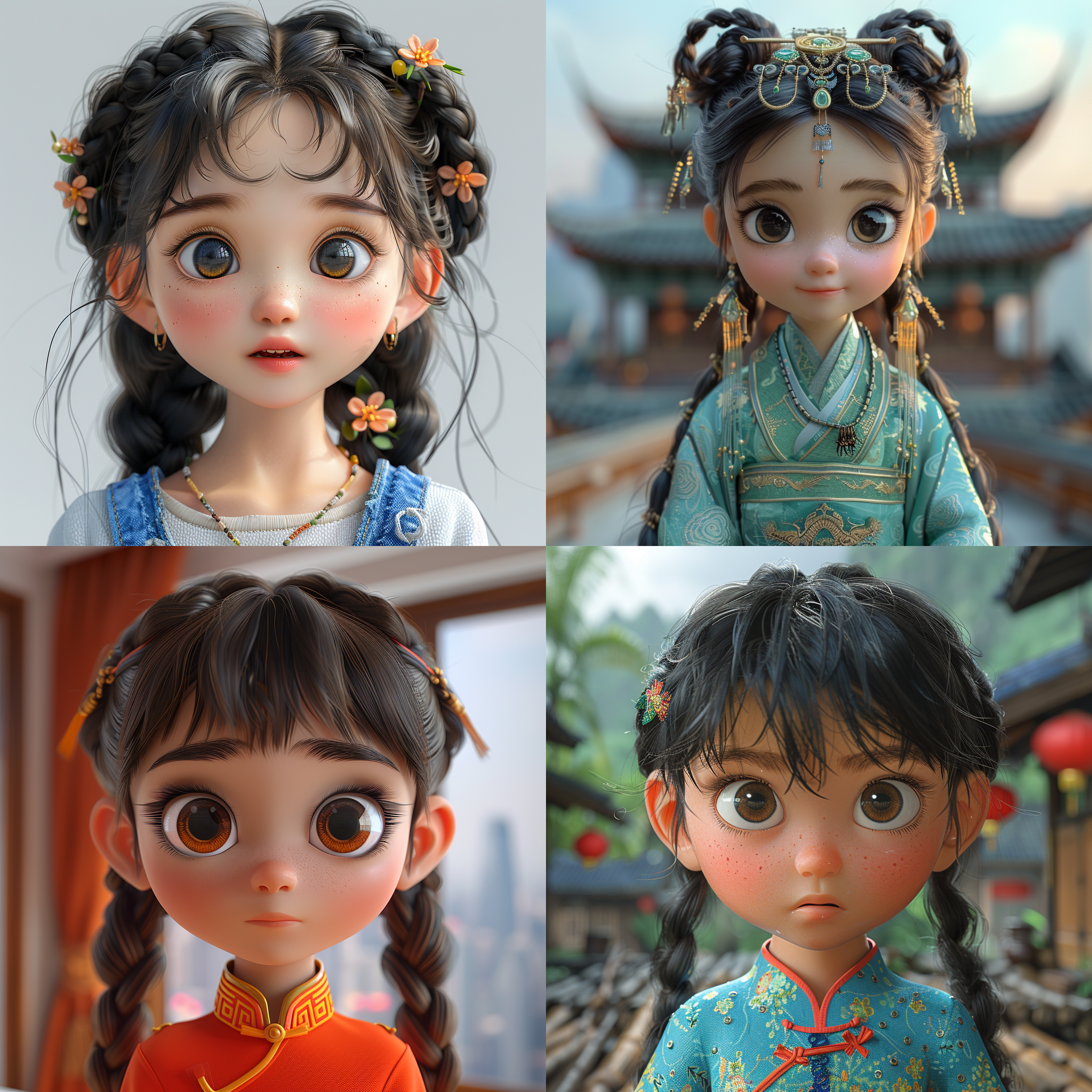 中国小女孩，大眼睛，麻花辫，精致五官，艺术家风格，插画，全身特写，全景，柔和光线，高清晰画质，8k，3d，ip卡通形象，夸张表情，丰富肢体动作。